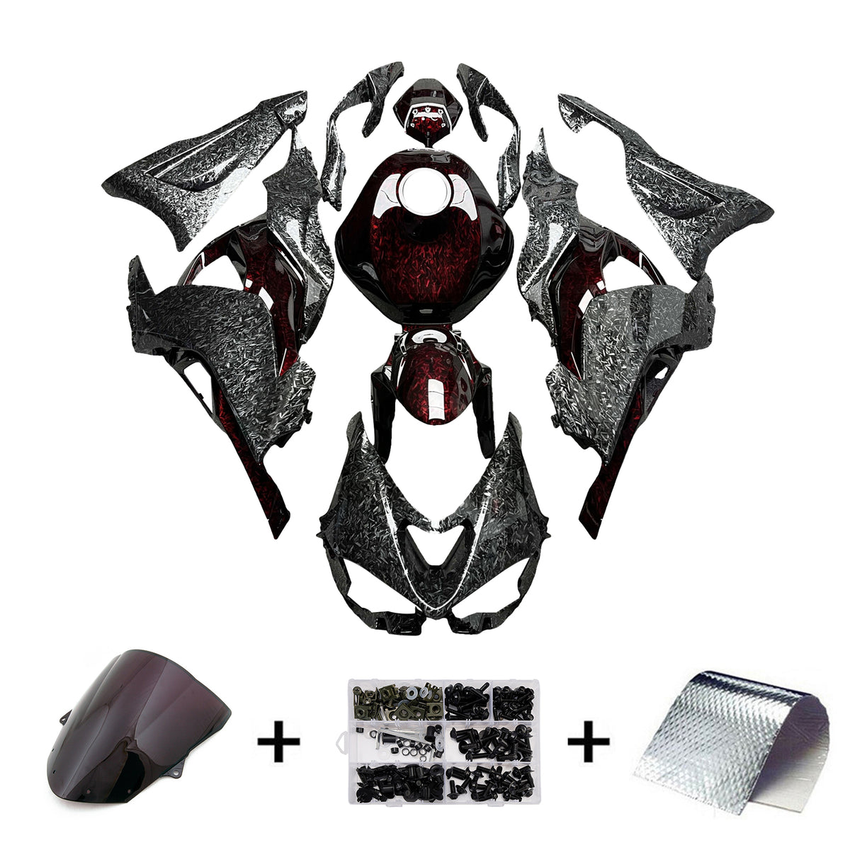 Amotopart 2024-2026 Kawasaki ZX-6R Black Red Forged Carbon Fiber Pattern Fairing Kit