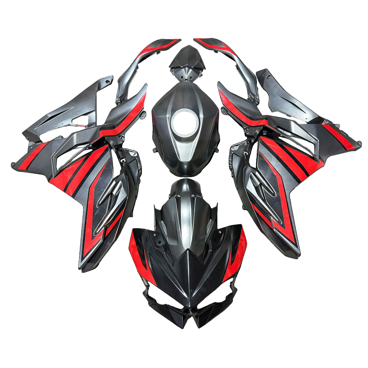 Amotopart 2024-2026 Kawasaki Ninja 500 グレー レッド ブラック カーボンファイバー パターン フェアリングキット
