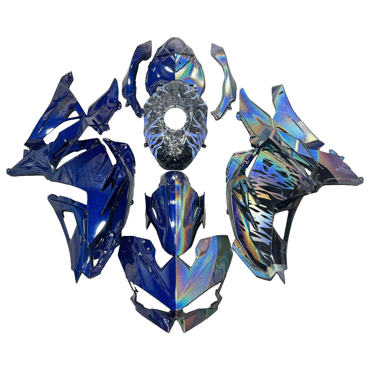 Amotopart 2024-2026 Kawasaki Ninja 500 blauw goud zwart gesmeed koolstofvezel patroon kuipset
