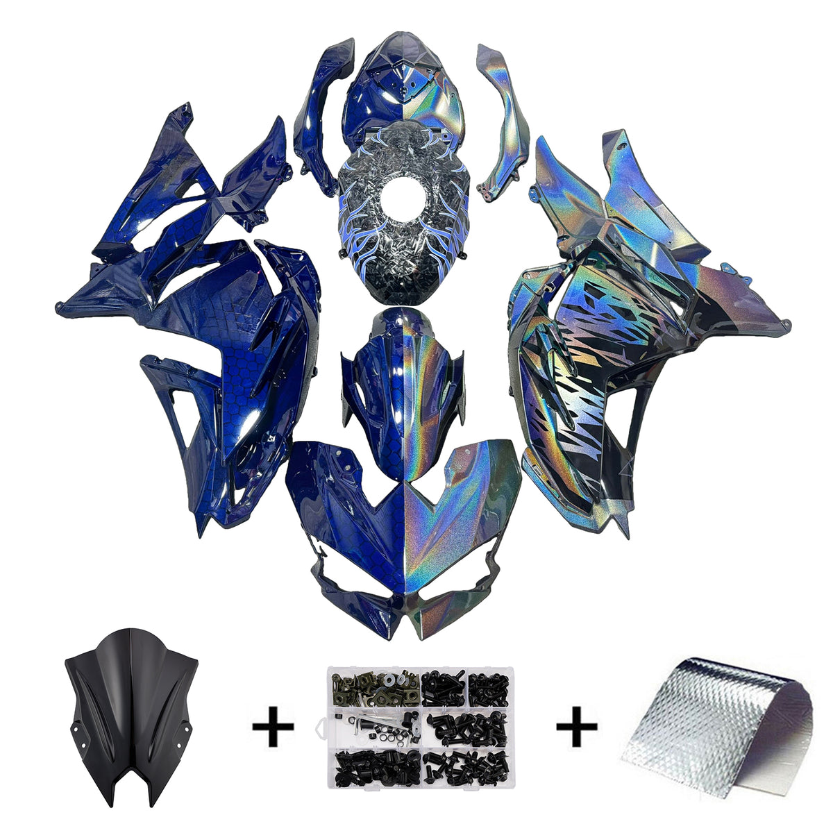 Amotopart 2024-2026 Kawasaki Ninja 500 blauw goud zwart gesmeed koolstofvezel patroon kuipset