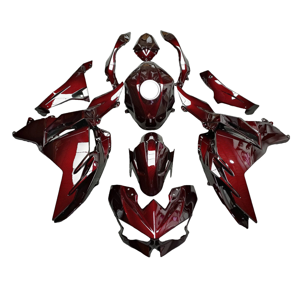 Amotopart 2024-2026 Kawasaki Ninja 500 Red Black Carbon Fiber Pattern Fairing Kit