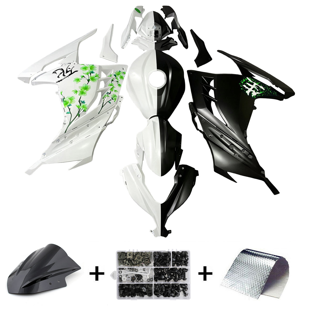 Amotopart 2013-2024 Kawasaki EX300 Ninja300 White Black Green Fairing Kit