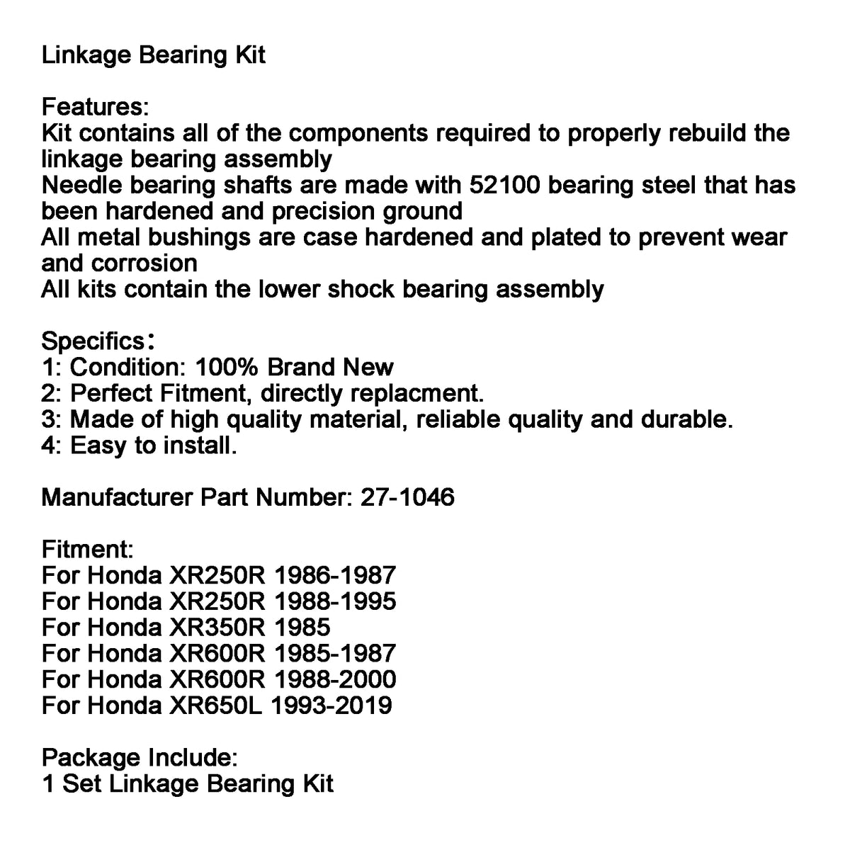 93-19 Honda XR250R XR350R XR600R XR650L Linkage lejesæt 27-1046