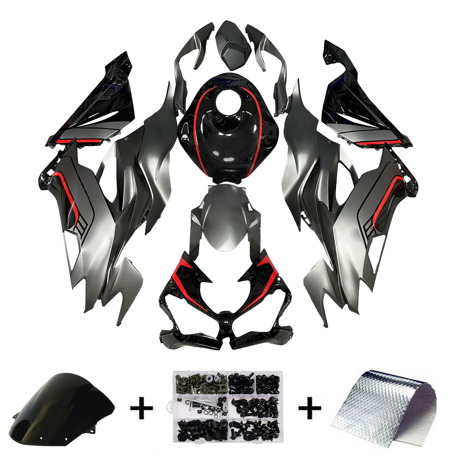 Amotopart 2019-2023 Kawasaki ZX6R Black Red Gray Fairing Kit