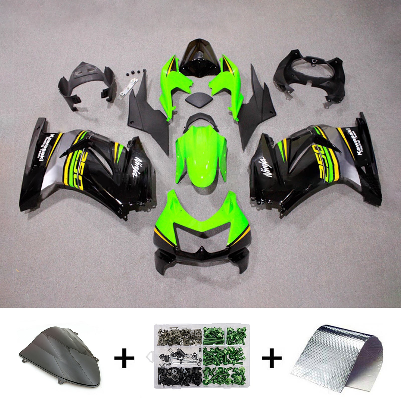 Amotopart 2008-2012 Kawasaki EX250/Ninja250R Green Black Yellow Fairing Kit