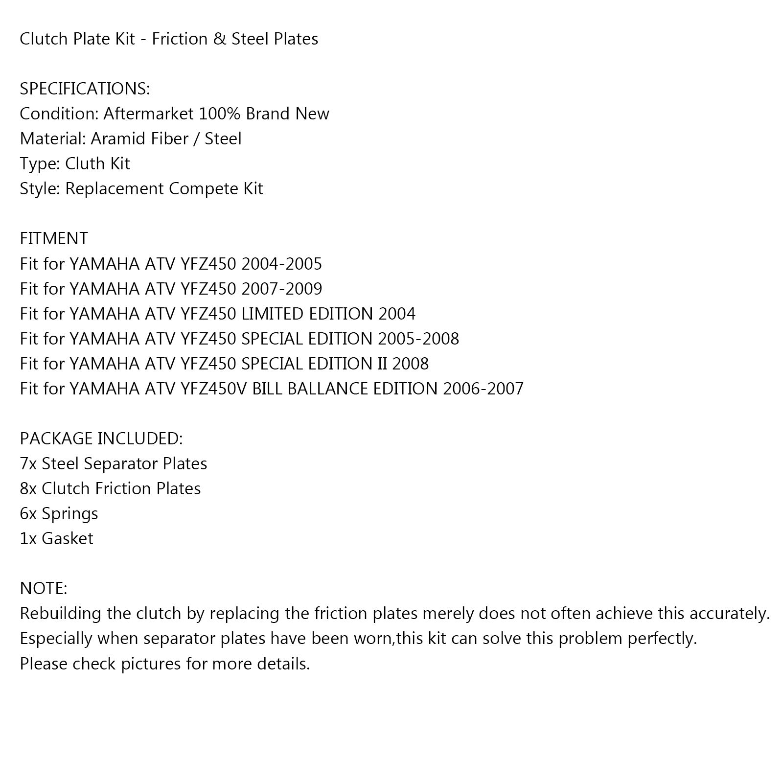 04-09 Yamaha YFZ450 YFZ 450 Kupplungs Reibungsplatten und Dichtung Kit