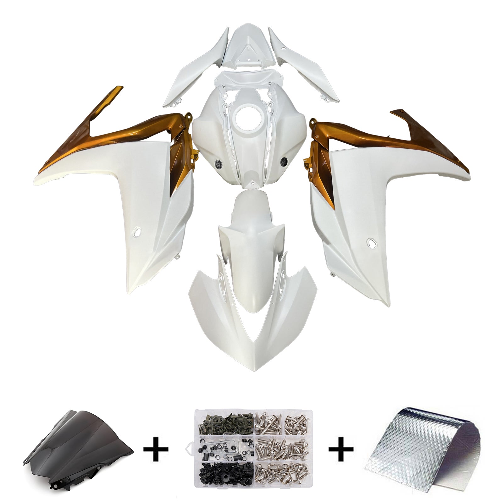 Amotopart Yamaha 2014-2018 YZF R3 2015-2017 YZF R25 Gold White Fairing Kit