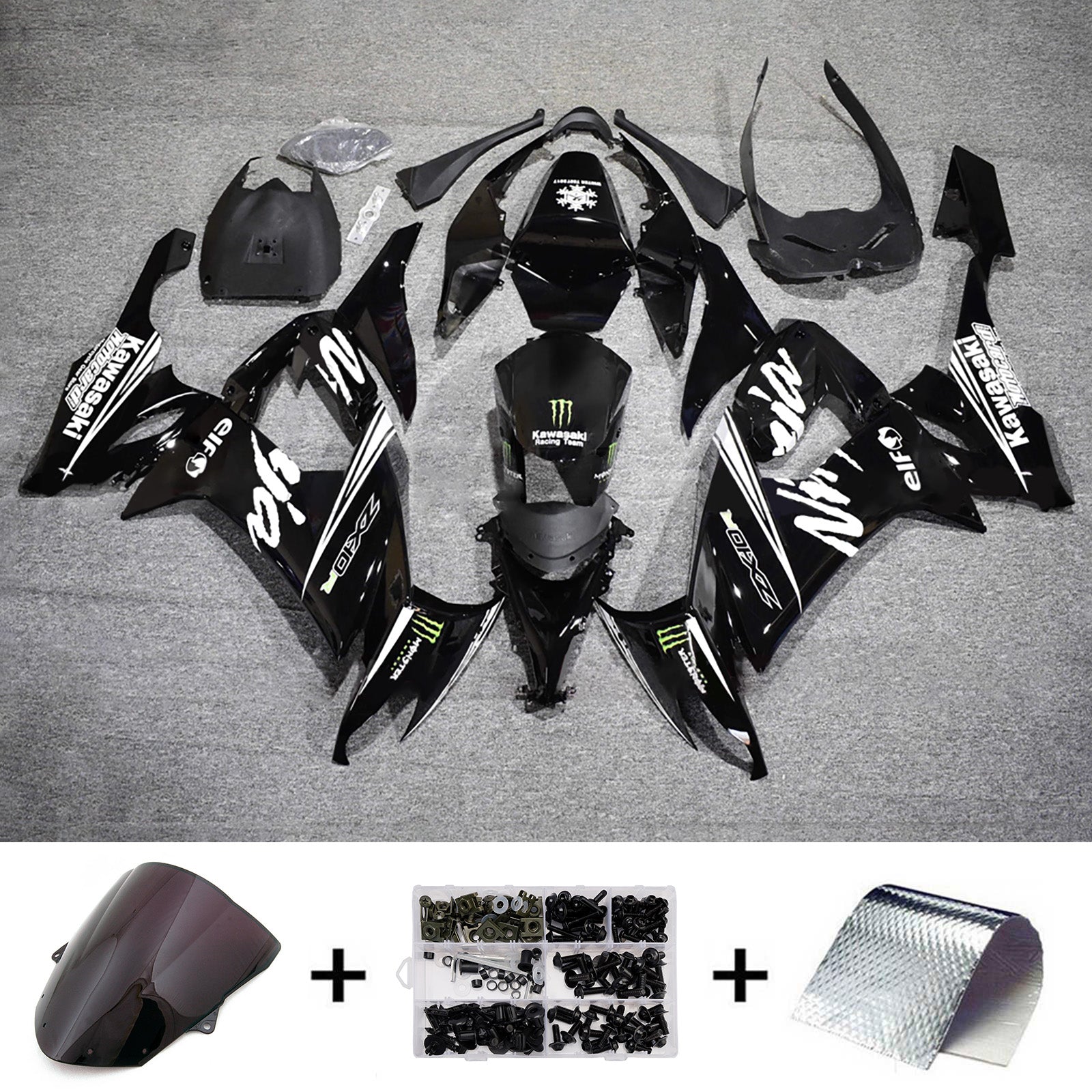 Amotopart 2008-2010 Kawasaki ZX10R Black with White Fairing Kit