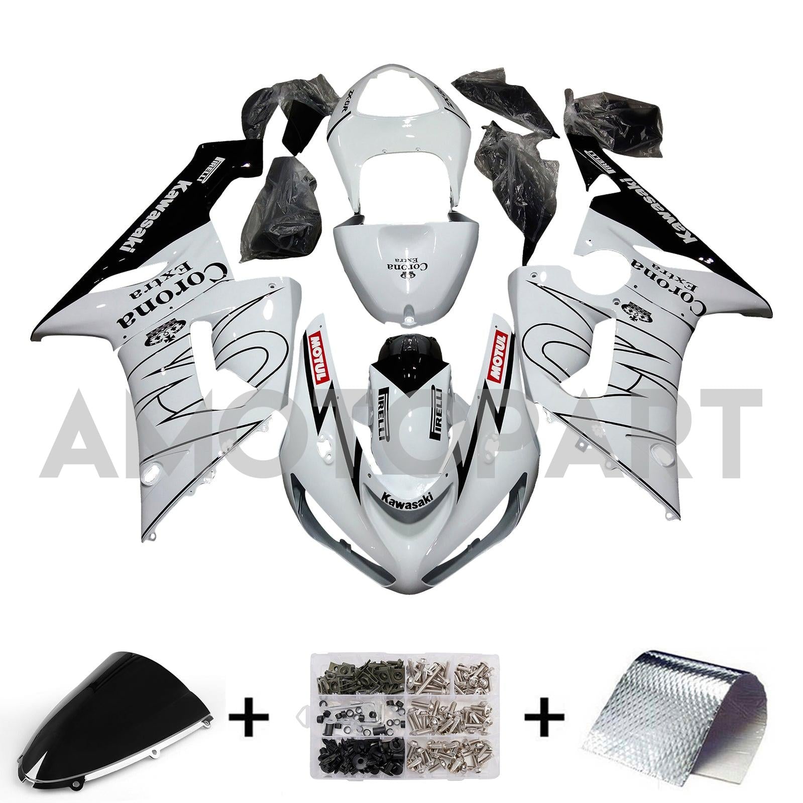 Amotopart 2005-2006 Kawasaki ZX6R 636 White Black Fairing Kit