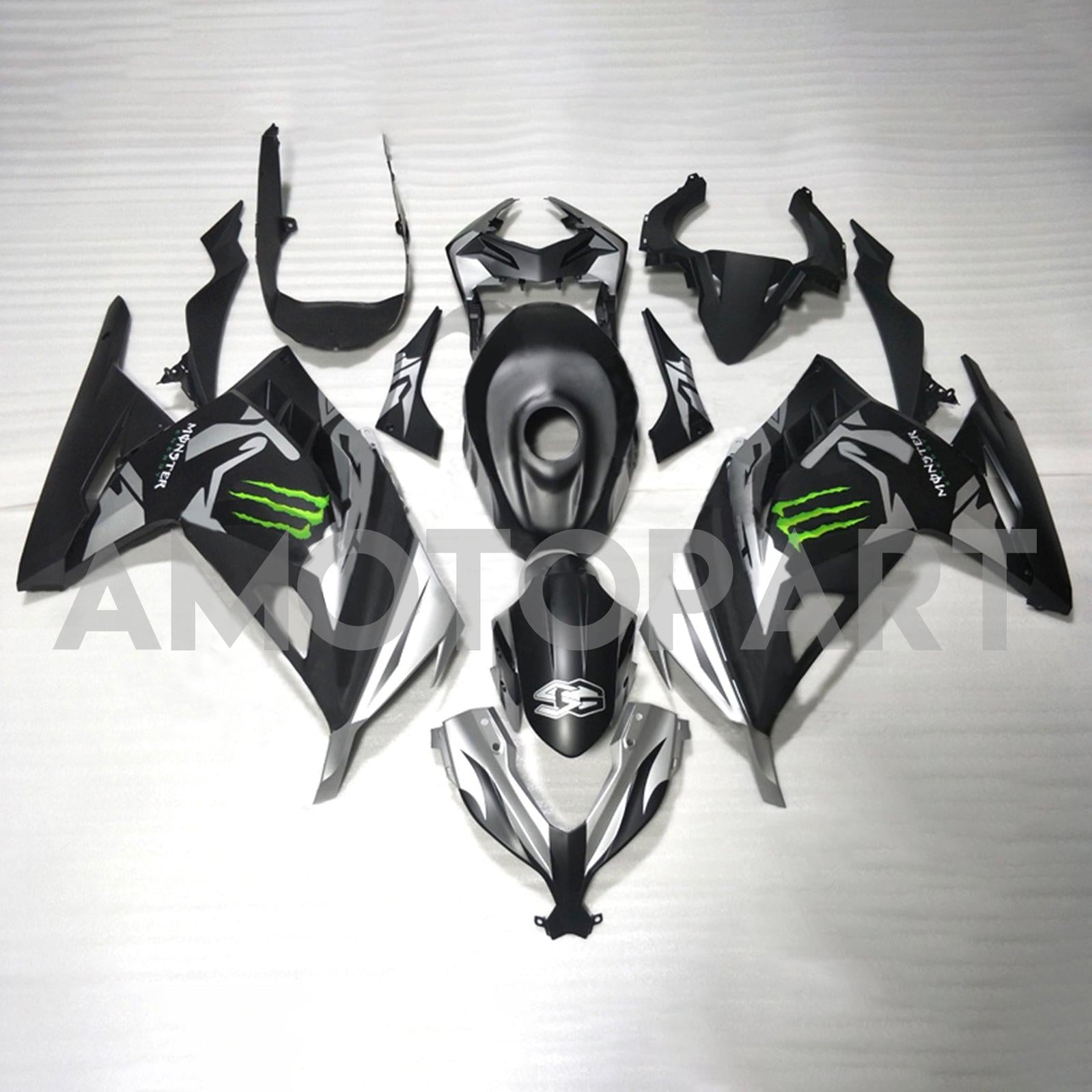 Amotopart 2013-2024 Kawasaki EX300/Ninja300 Black with Green Monster Logo Style2 Fairing Kit