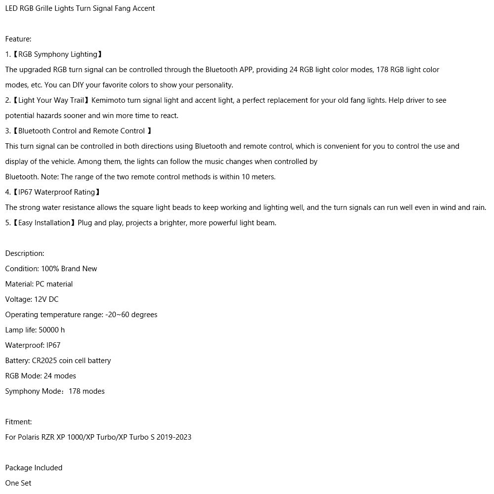19-22 Polaris RZR XP 1000 Turbo LED RGB Luci della griglia Indicatori di direzione Fang Accent