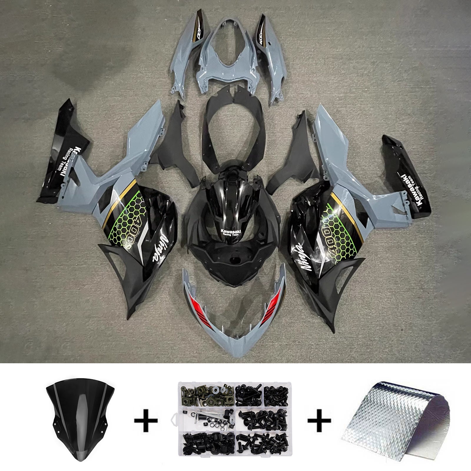 Amotopart 2018-2024 Kawasaki EX400/Ninja400 Black Grey Fairing Kit