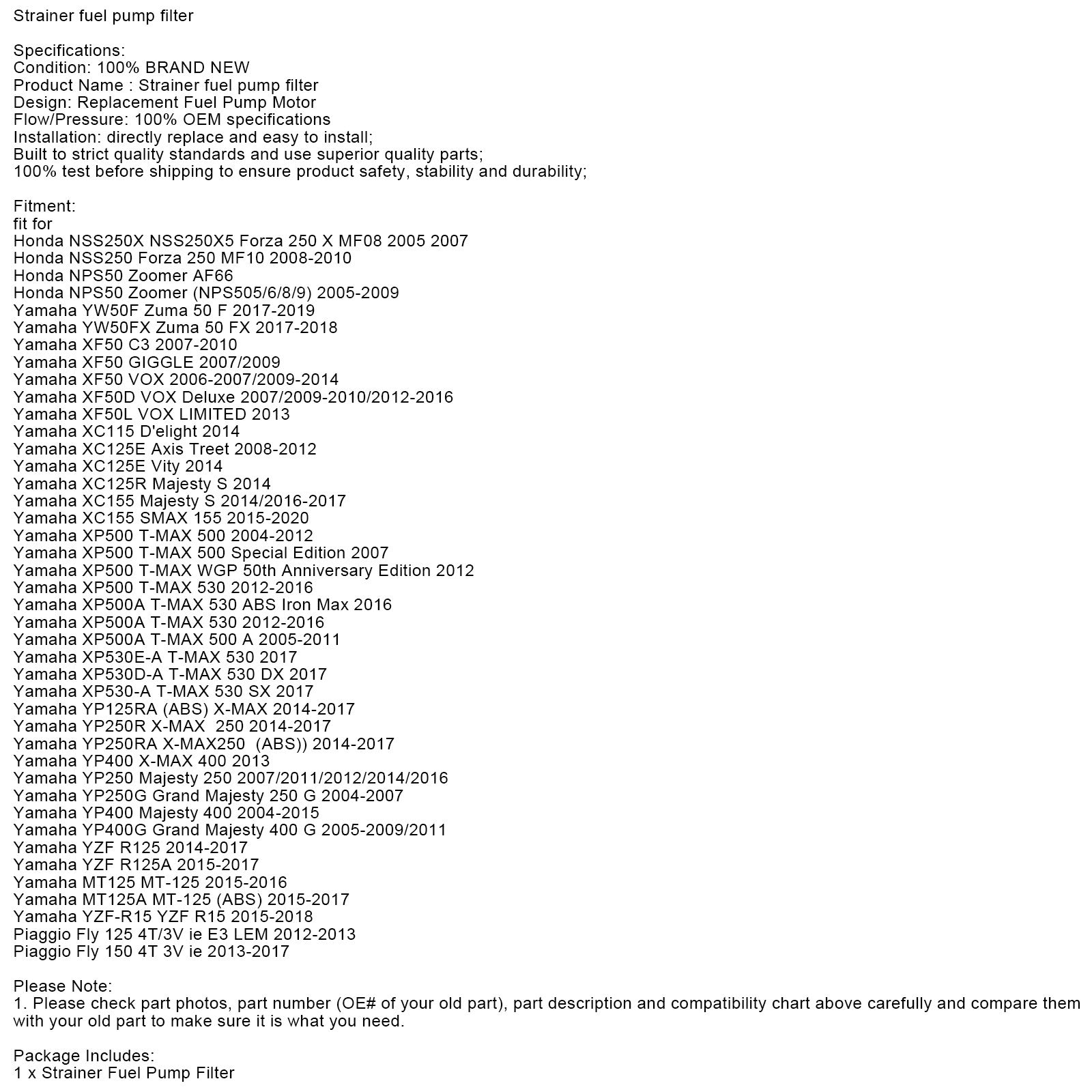 Si brændstofpumpe filter til Yamaha YW50F XC125E XP500 YP250 MT125