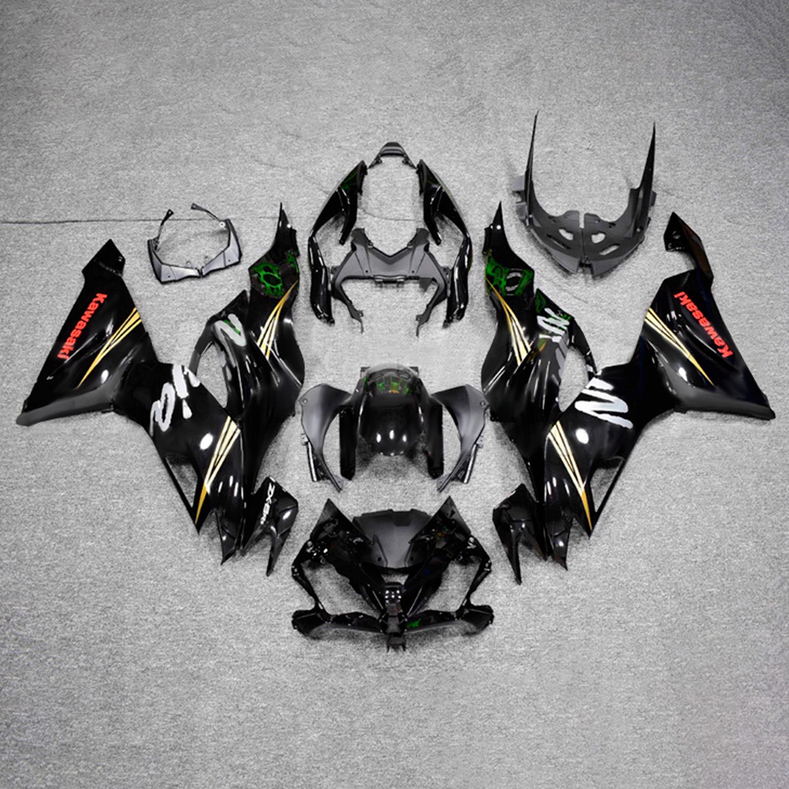 Amotopart 2019-2023 Kawasaki ZX6R Black Gold Silver Red Fairing Kit