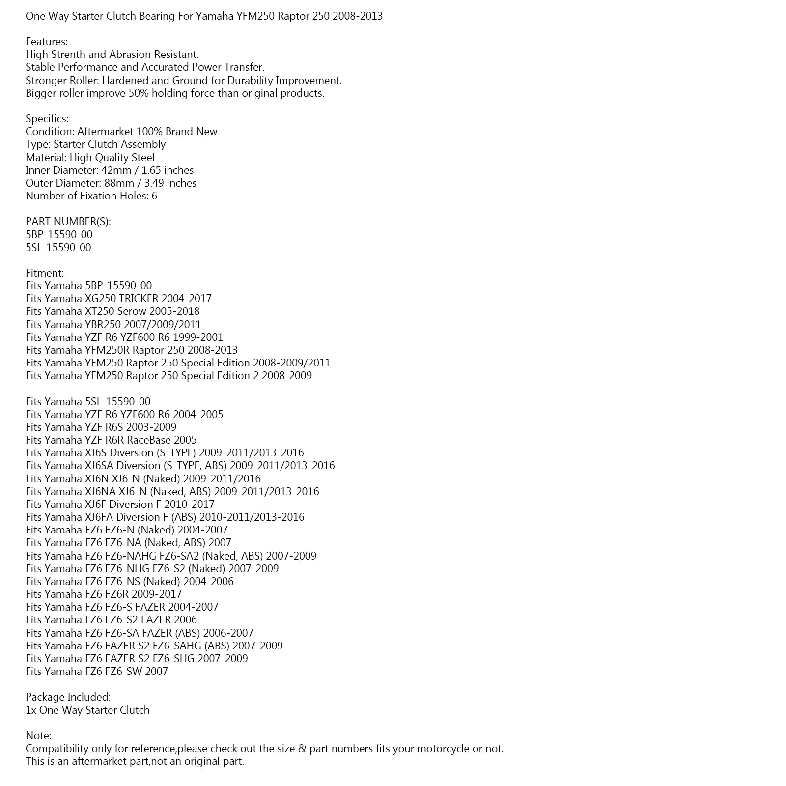 Einweg-Lager-Starter-Kupplung für Yamaha YFM250 Raptor 250 08-2013 5BP-15590-00