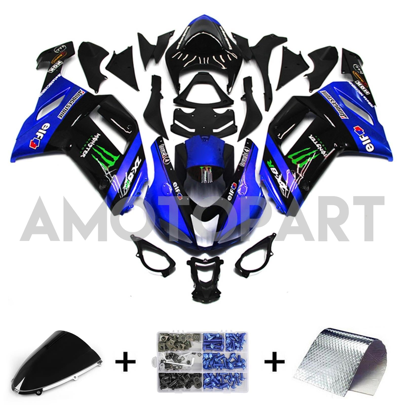 Amotopart 2007-2008 Kawasaki ZX6R 636 Black&Blue Fairing Kit