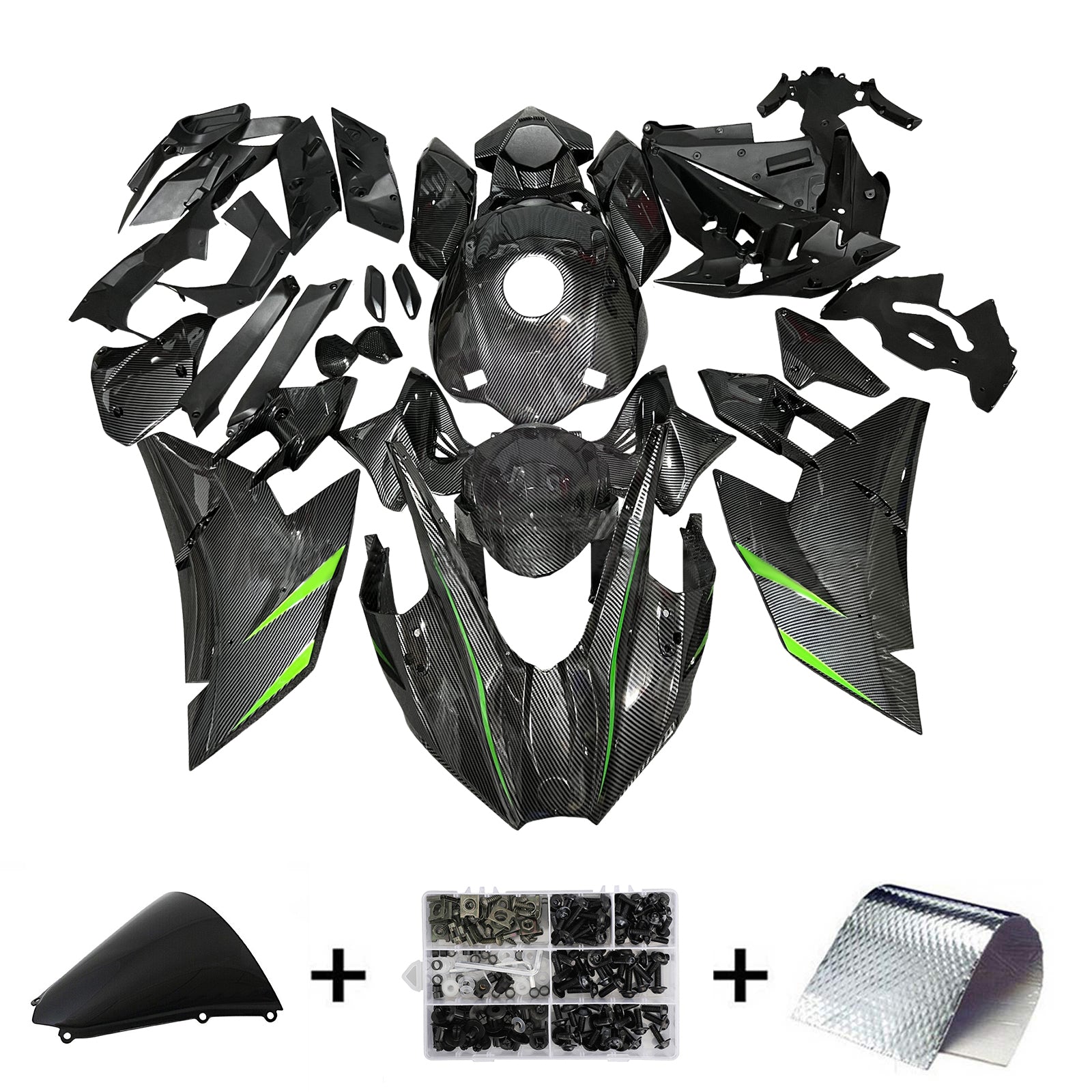 Amotopart 2015-2022 Kawasaki Ninja H2 Carbon Fiber Pattern Green Fairing Kit