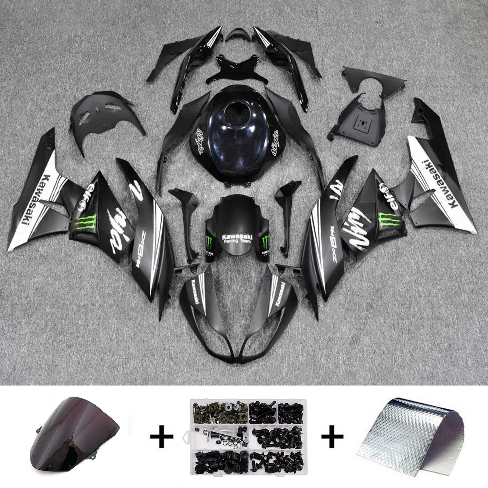 Amotopart 2009-2012 Kawasaki ZX6R 636 Black White Fairing Kit
