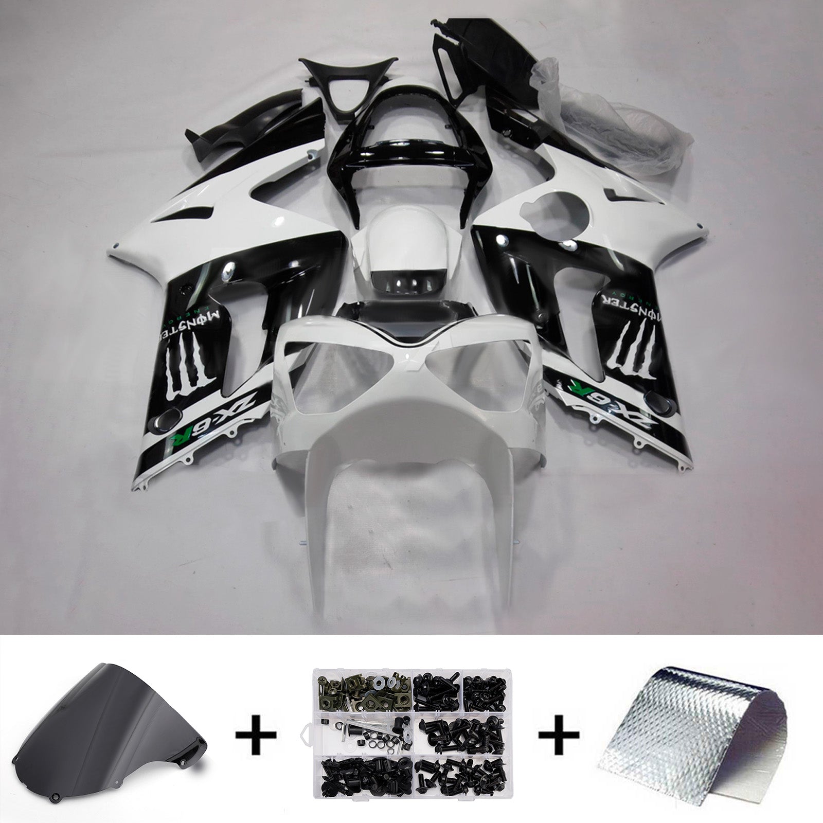Amotopart 2003-2004 Kawasaki ZX6R 636 Black Green White Fairing Kit