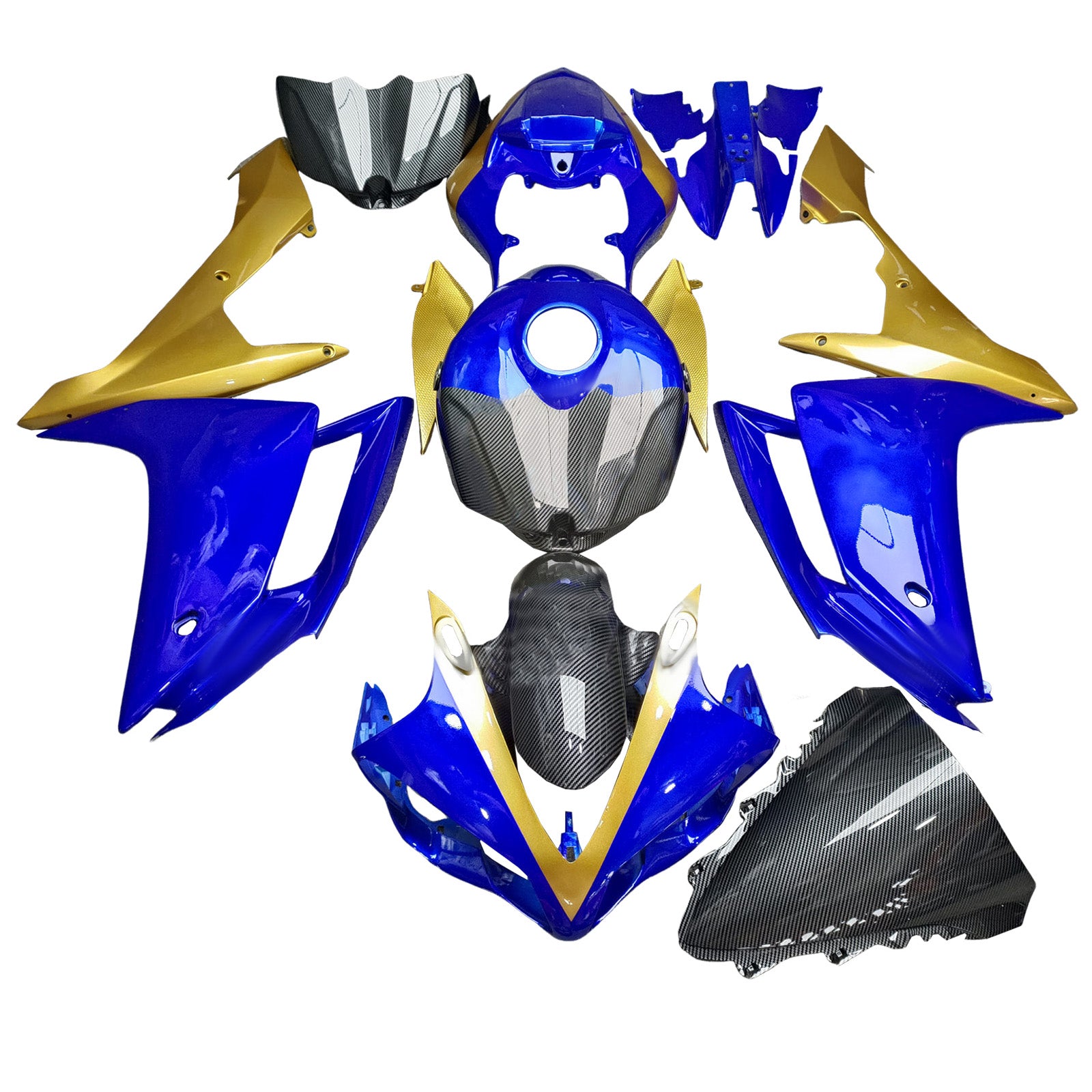 Amotopart 2007-2008 Yamaha YZF-R1 Blue Carbon Fiber Gold Fairing Kit