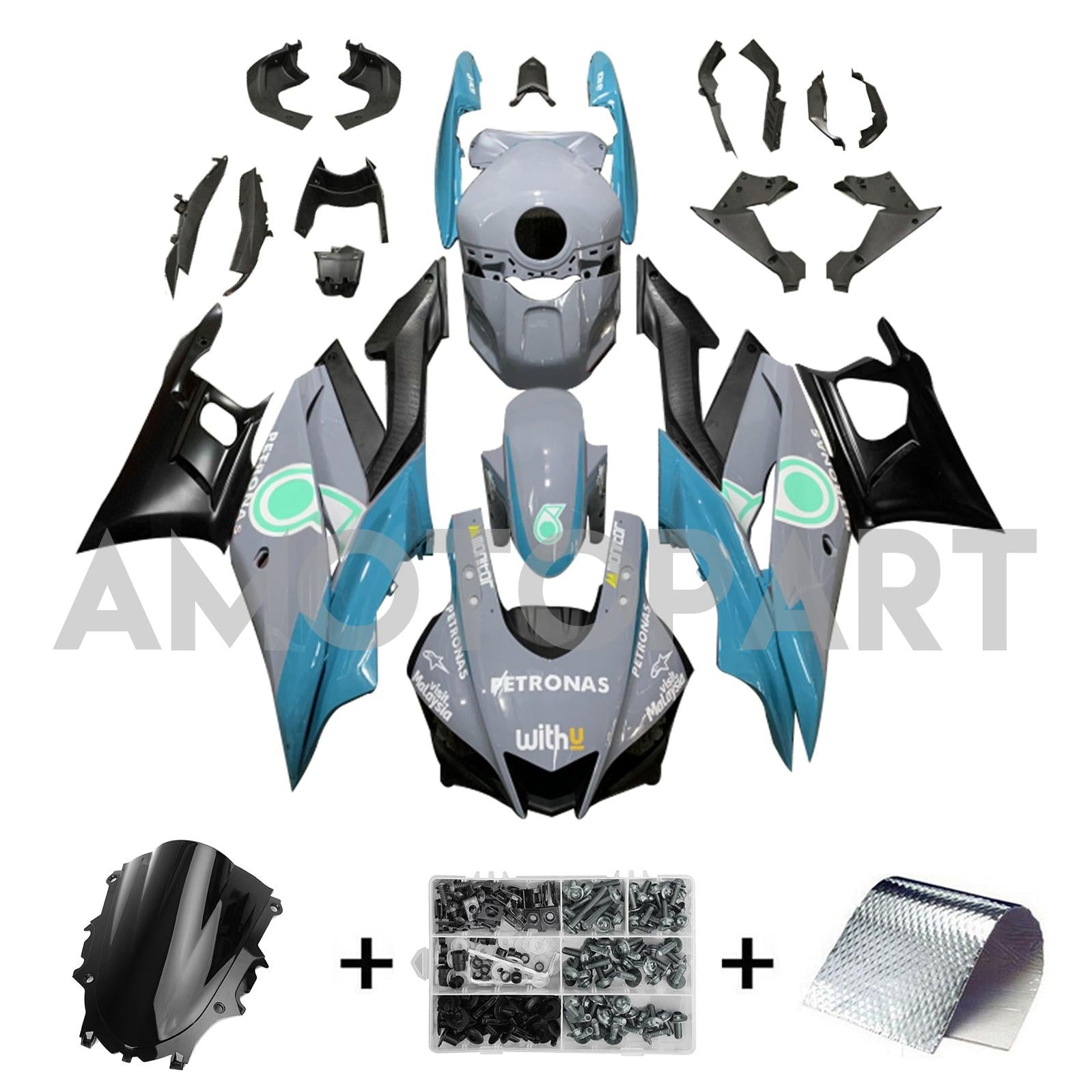 Amotopart 2022-2024 Yamaha YZF-R3 R25 Grey with Blue Style2 Fairing Kit