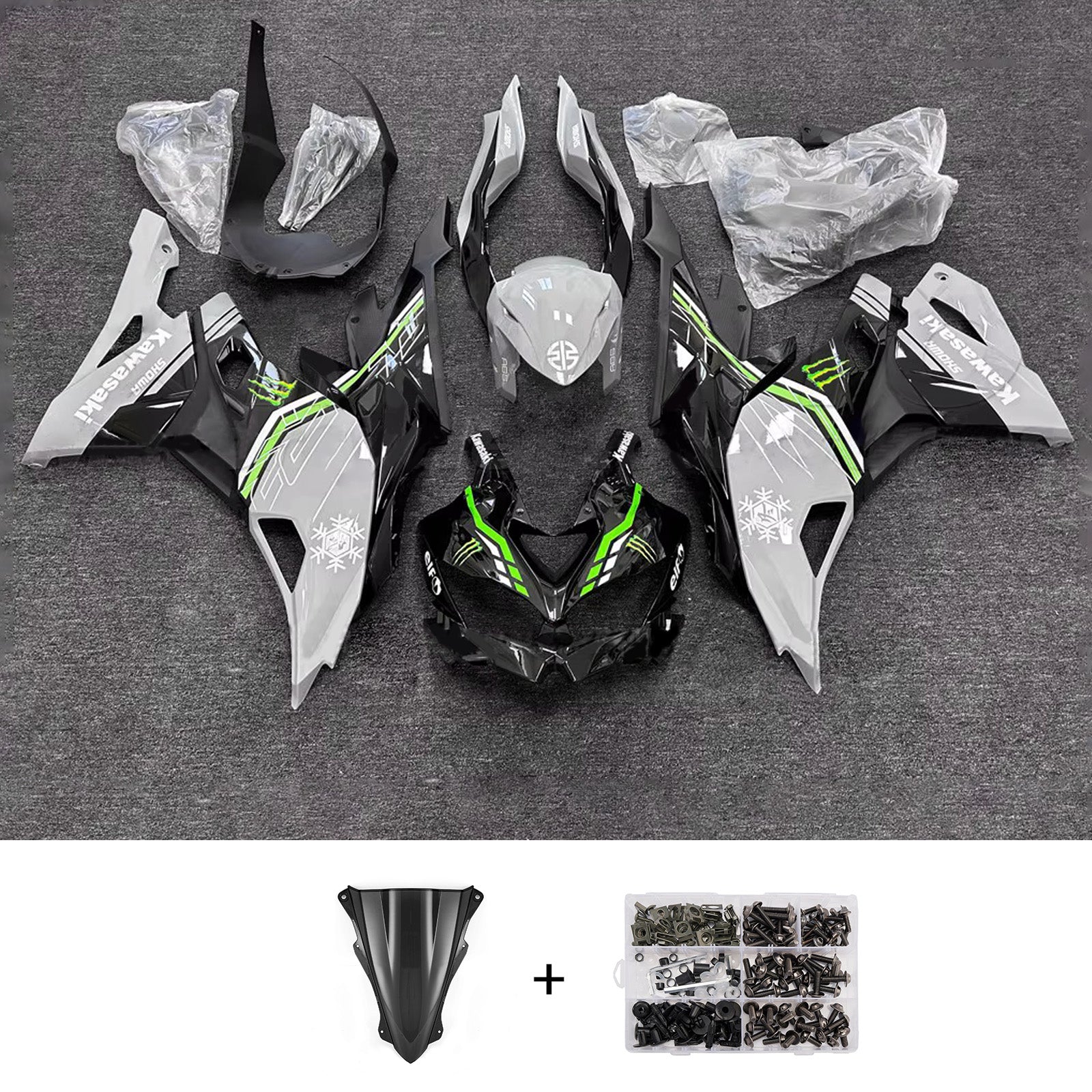 Amotopart 2019-2022 Kawasaki Ninja ZX-25R 2023-2025 Kawasaki Ninja ZX-4R/ZX-4RR Black Grey Green Fairing Kit