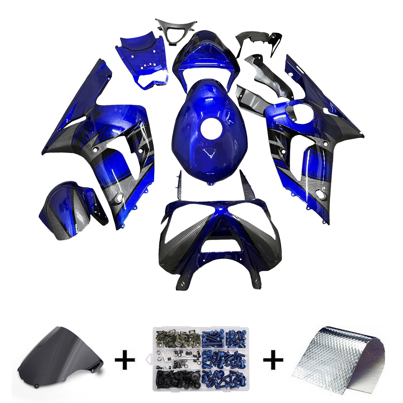 Amotopart 2003–2004 Kawasaki ZX6R 636 Blau & Verkleidungssatz mit Carbonfasermuster