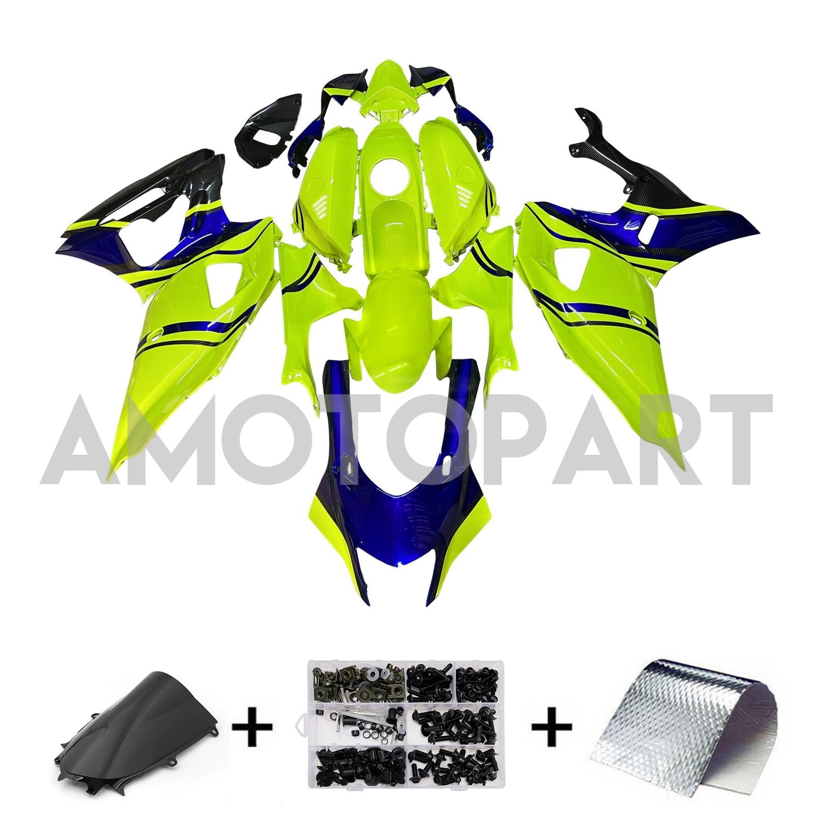 Amotopart 2021-2025 Yamaha YZF-R7 Fluorescent Yellow Blue Carbon Fiber Pattern Fairing Kit