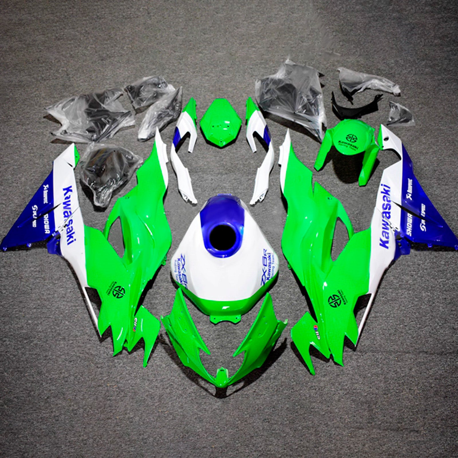Amotopart 2019-2023 Kawasaki ZX6R Green White Blue Fairing Kit