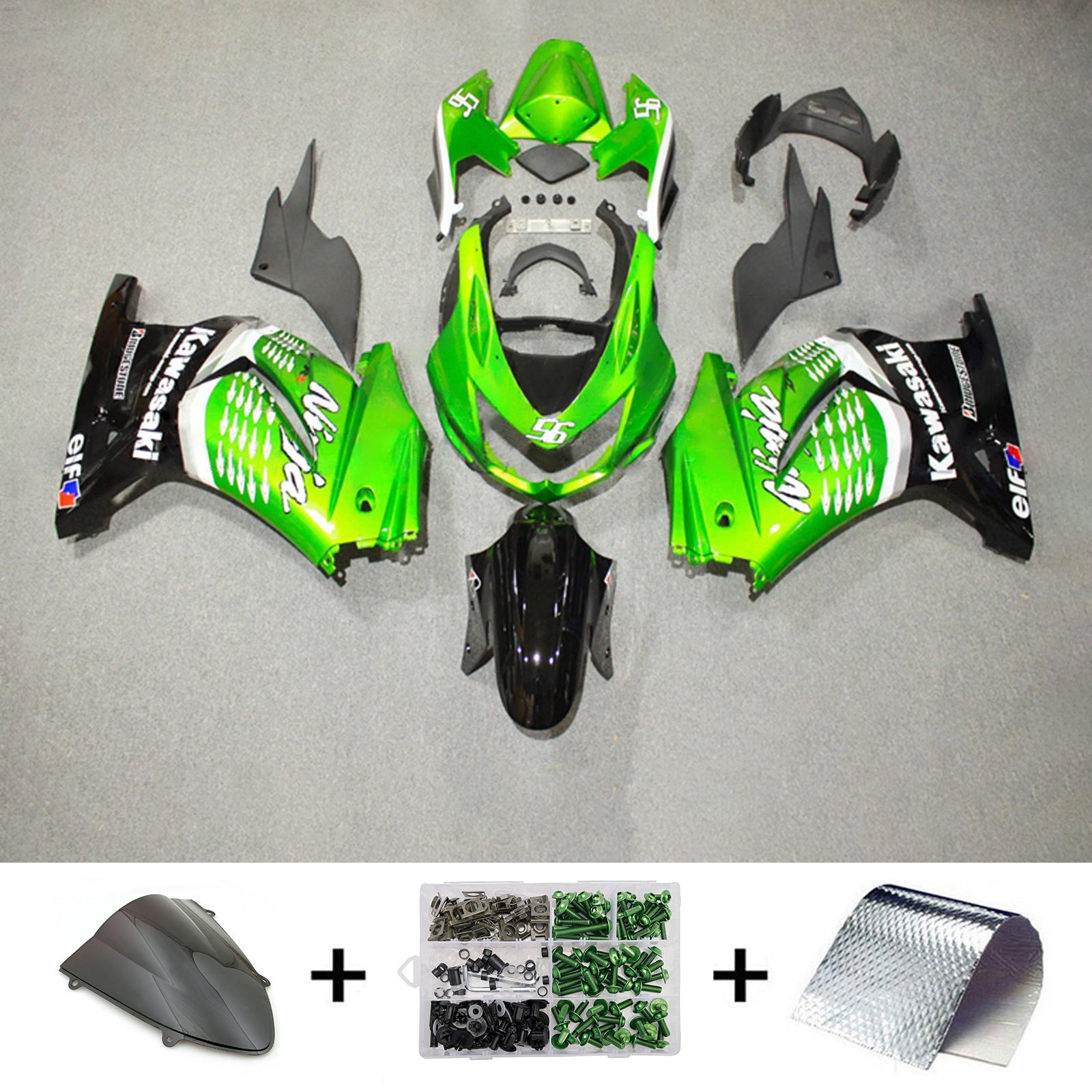 Amotopart 2008-2012 Kawasaki EX250/Ninja250R Green Black White Fairing Kit