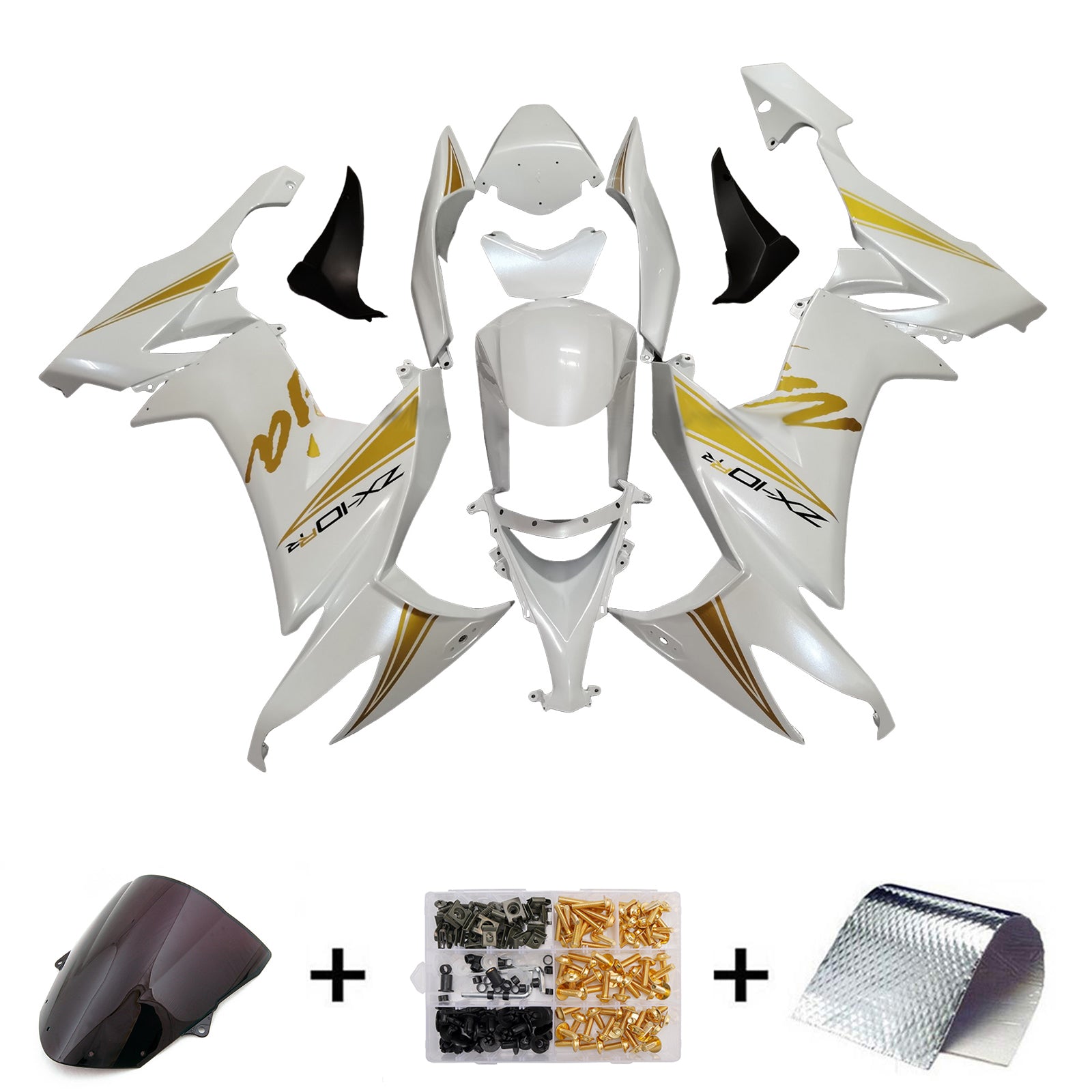 Amotopart 2008-2010 Kawasaki ZX10R White Gold Fairing Kit