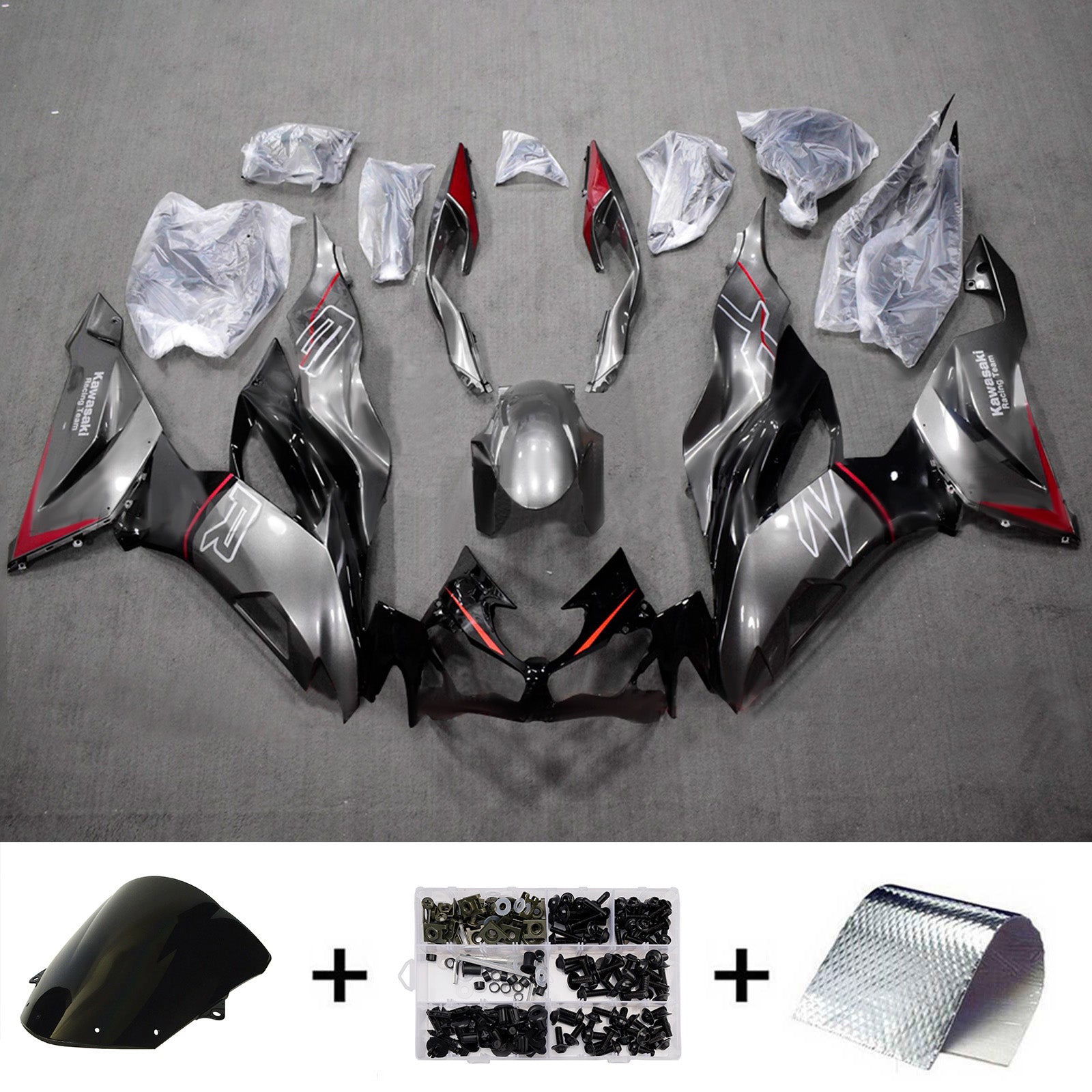Amotopart 2019-2023 Kawasaki ZX6R Gray Black Red Fairing Kit