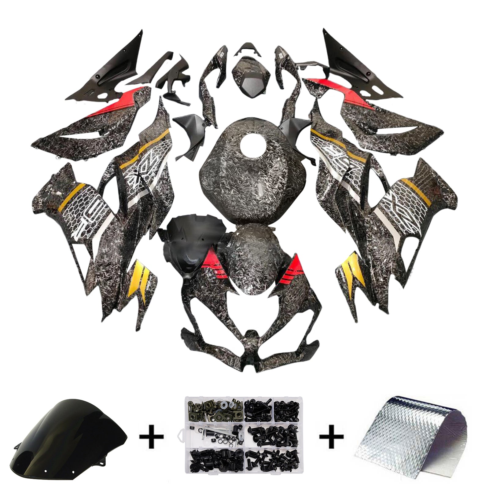 Amotopart 2019-2023 Kawasaki ZX6R Yellow Red Forged Carbon Fiber Pattern Fairing Kit