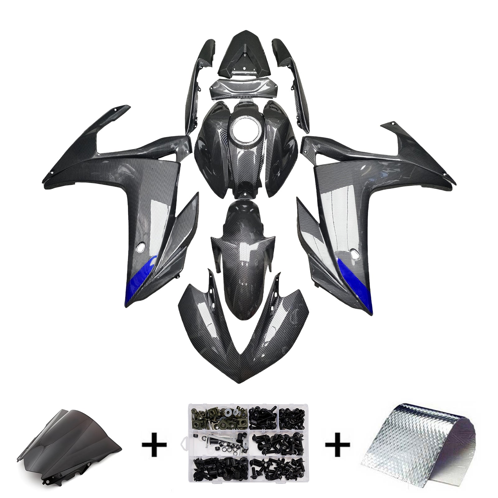 Amotopart Yamaha 2014-2018 YZF R3 2015-2017 YZF R25 Black Carbon Fiber Pattern Fairing Kit