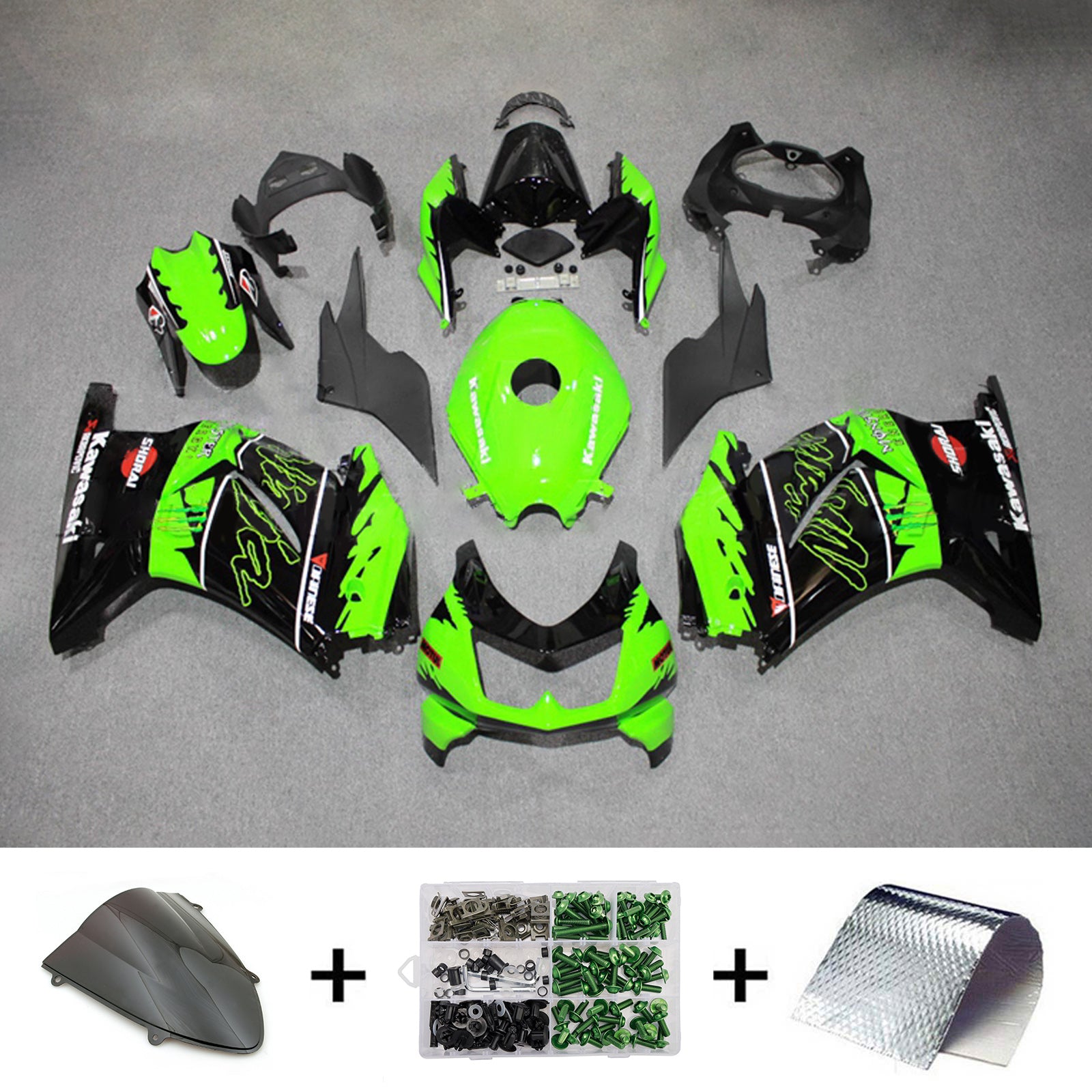 Amotopart 2008-2012 Kawasaki EX250/Ninja250R Black Green Fairing Kit