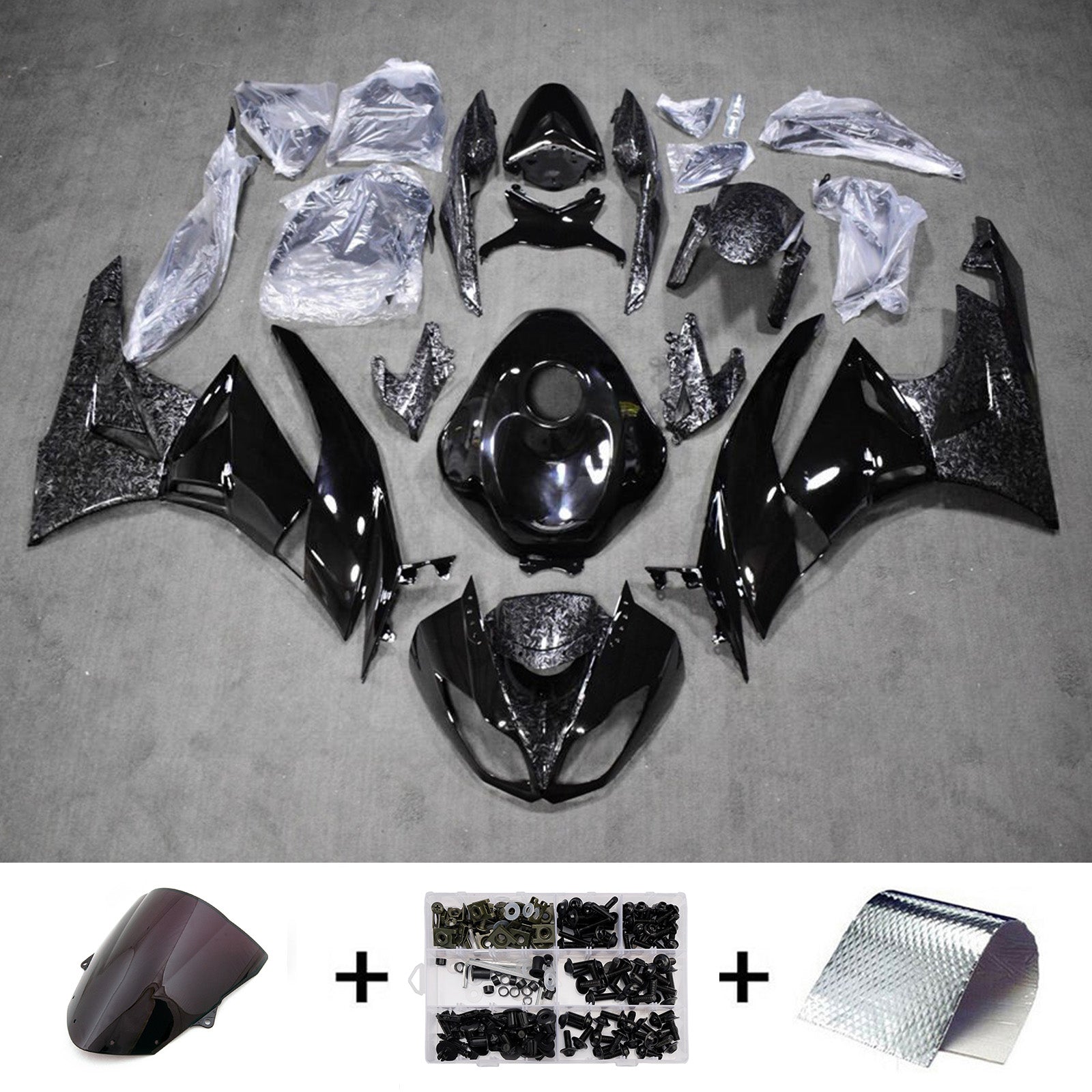 Amotopart 2009-2012 Kawasaki ZX6R 636 Glossy Black & Forged Carbon Fiber Pattern Fairing Kit