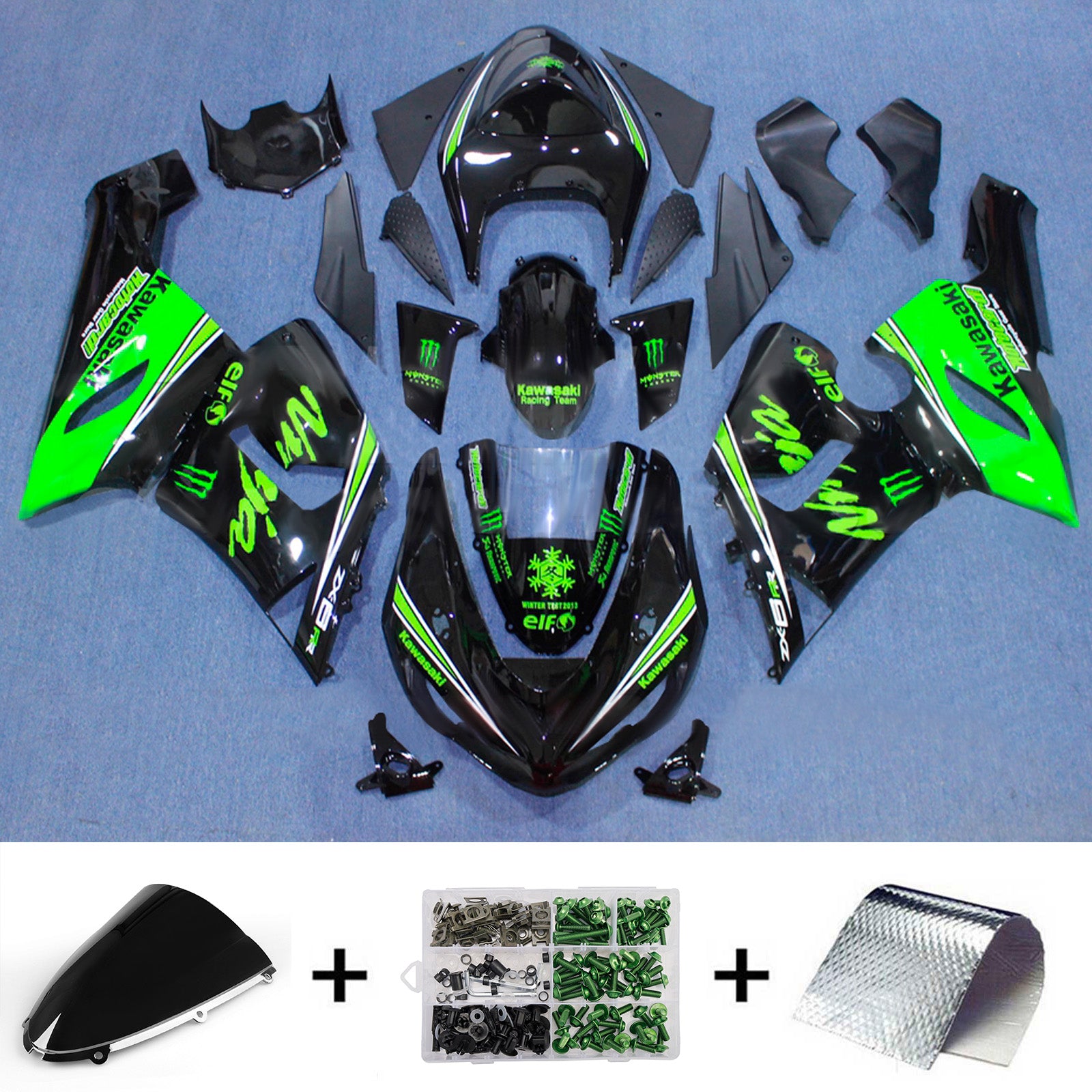 Amotopart 2005-2006 Kawasaki ZX6R 636 Black Green Fairing Kit