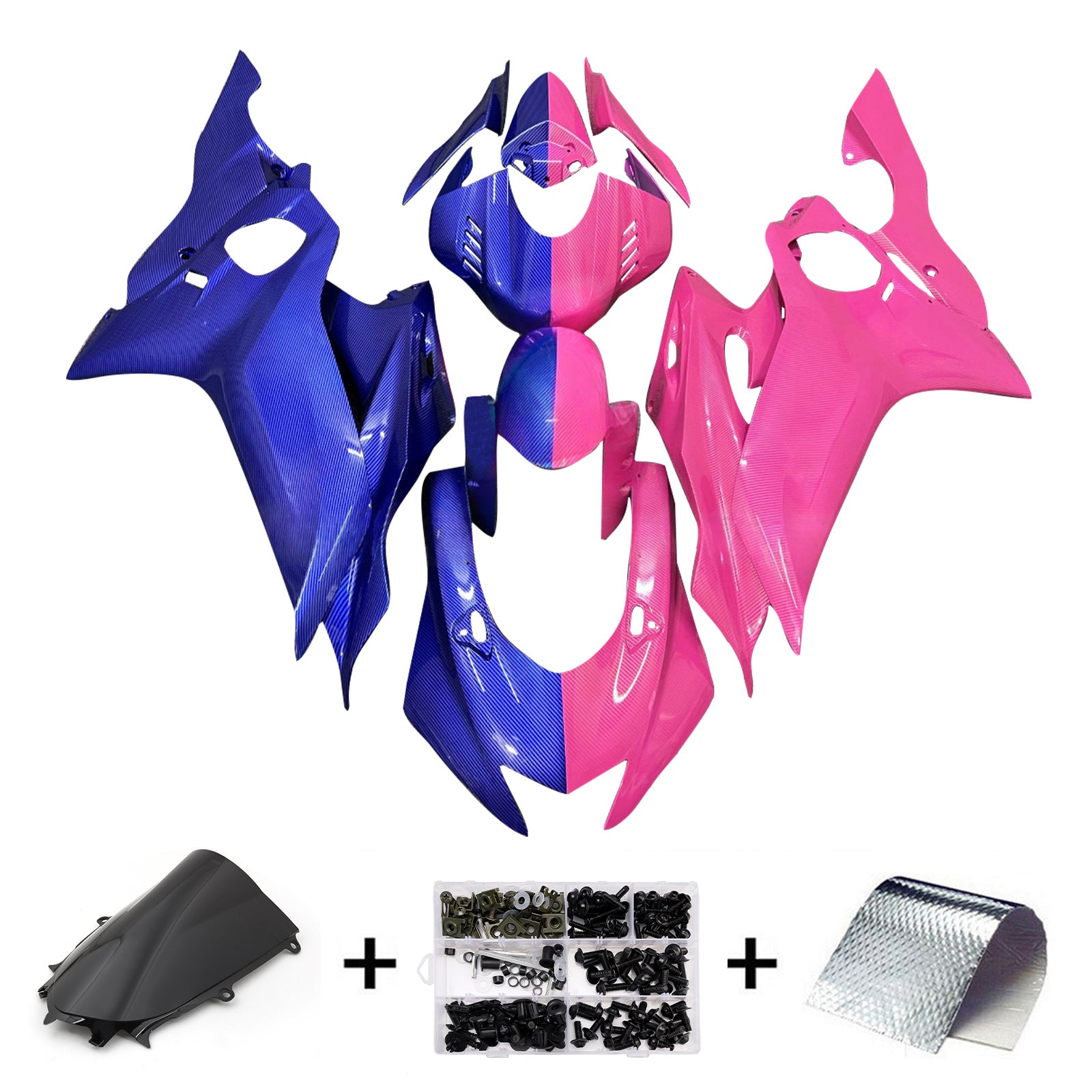 Amotopart 2017-2023 Yamaha YZF-R6 Blue Carbon Fiber Pattern Pink Fairing Kit