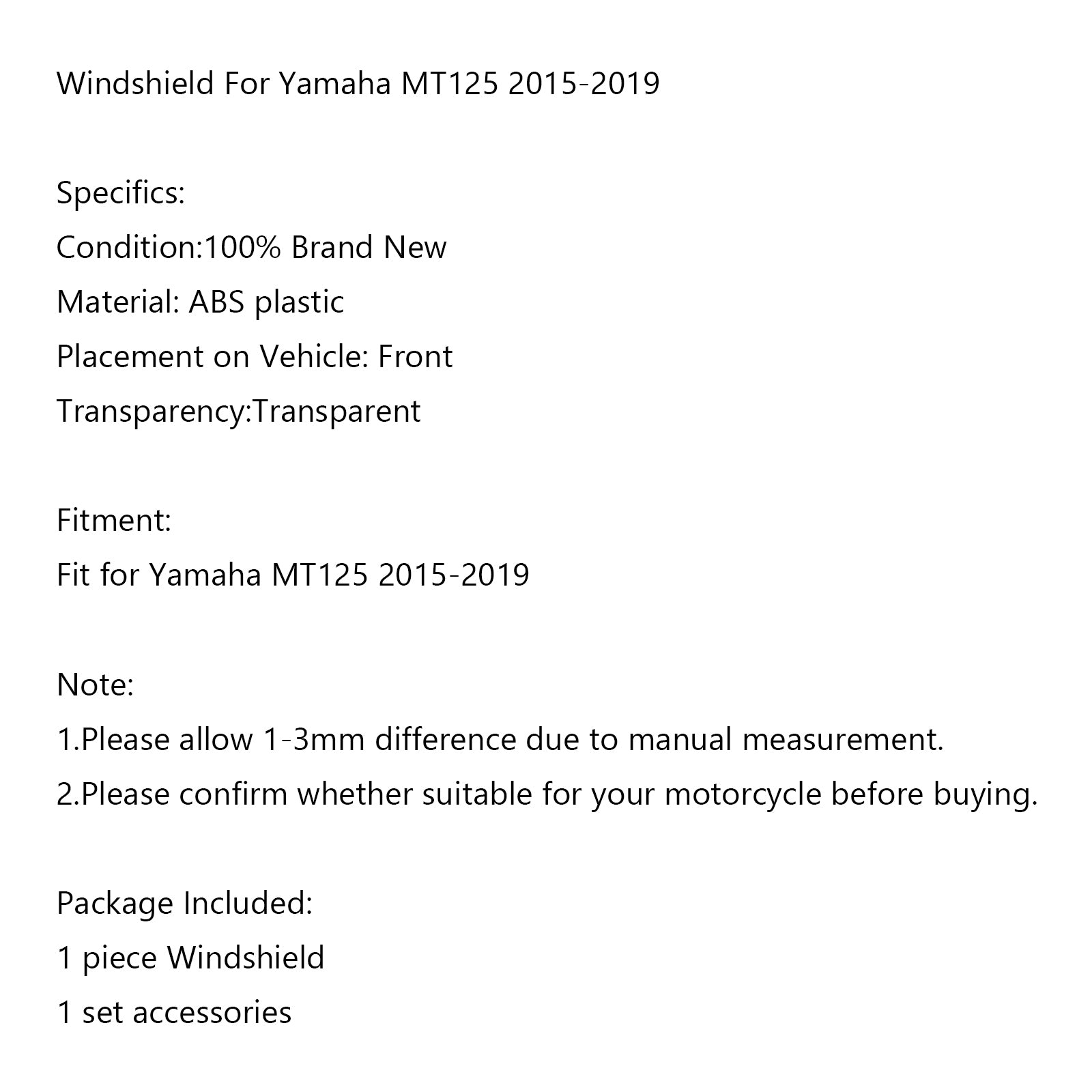 ABS Motorcykel vindrutan vindruta för Yamaha MT125 2015-2019 Gray