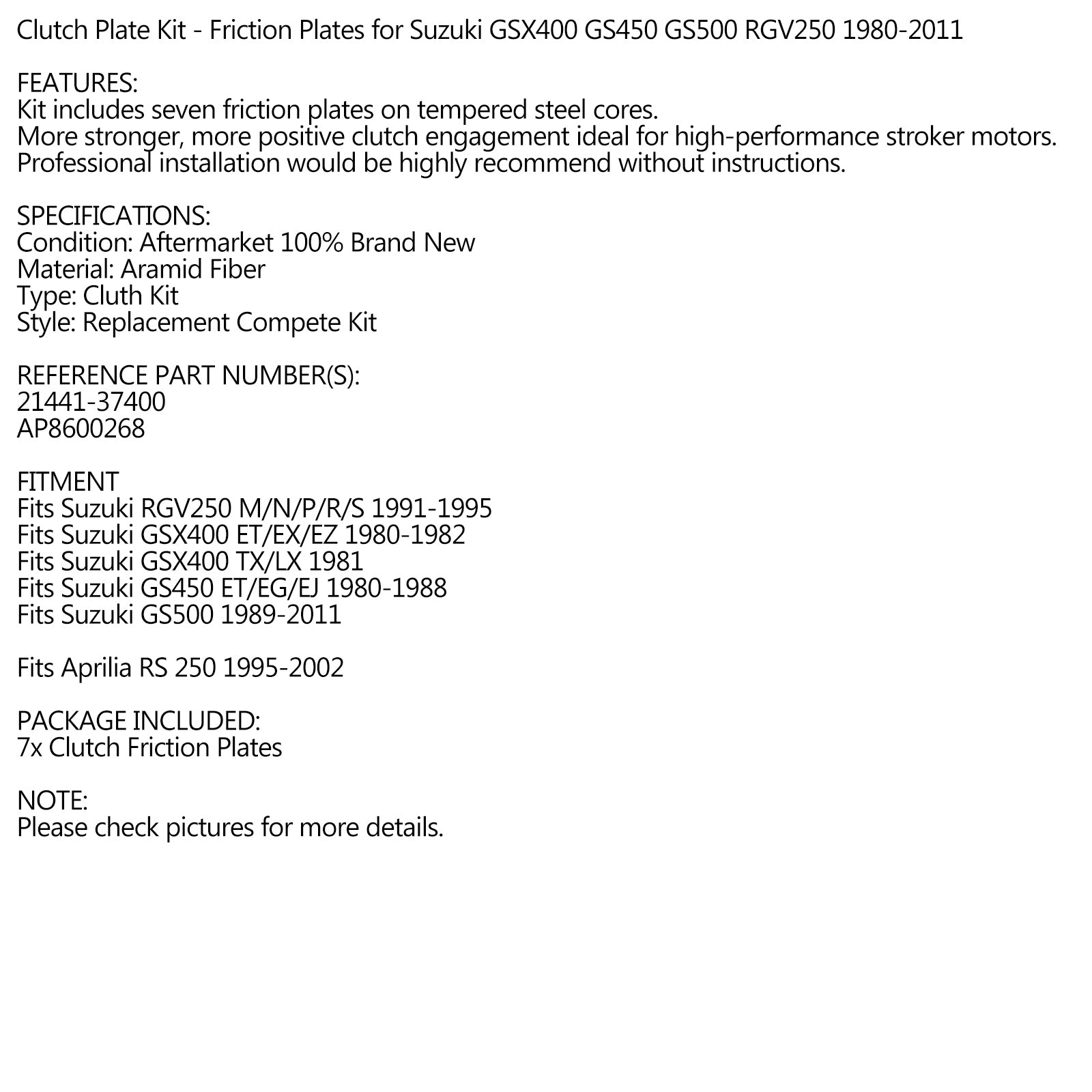 Clutch Friction Plate Kit Set für Suzuki GSX400 GS450 GS500 RGV250 1980-2011