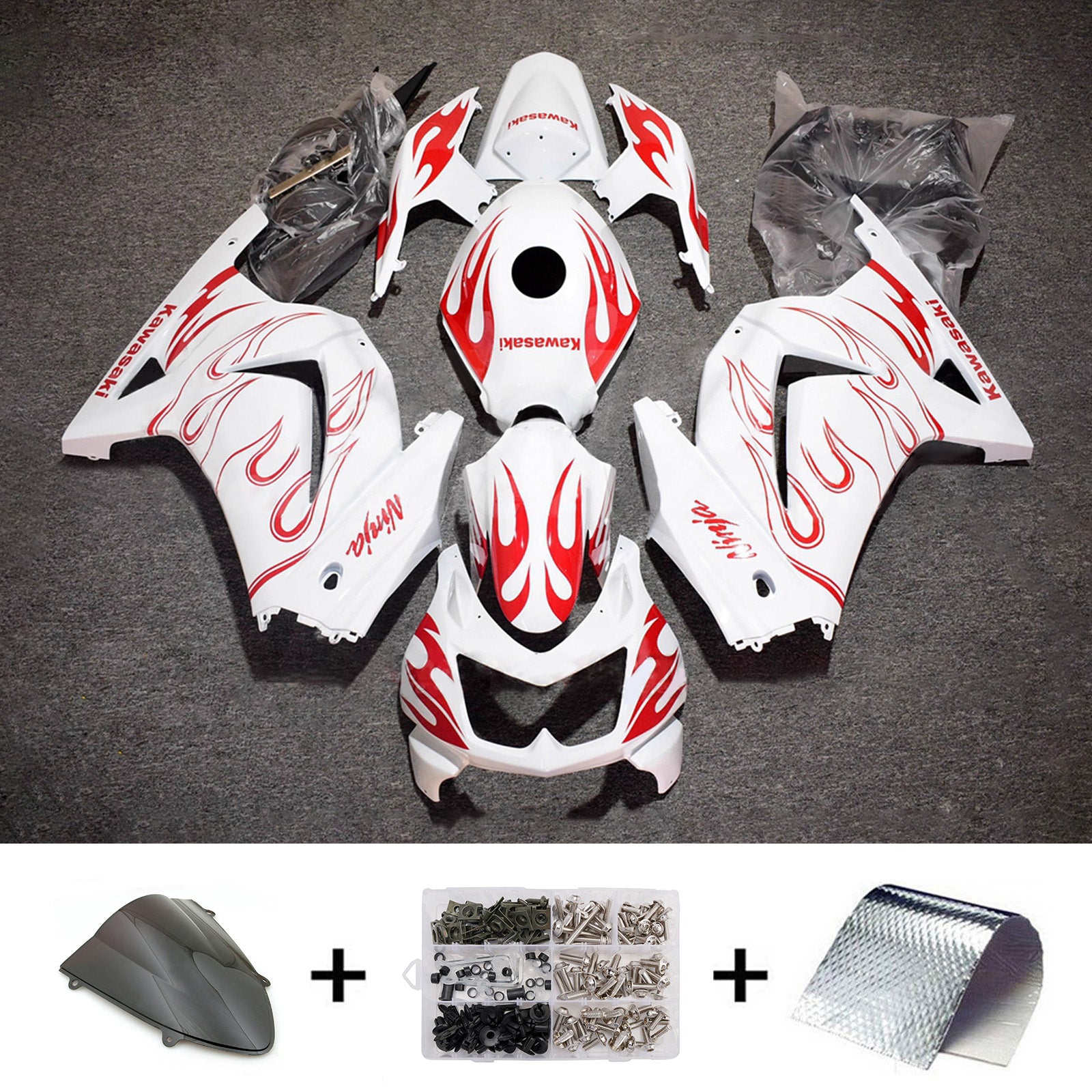 Amotopart 2008-2012 Kawasaki EX250/Ninja250R White with Red Flame Fairing Kit