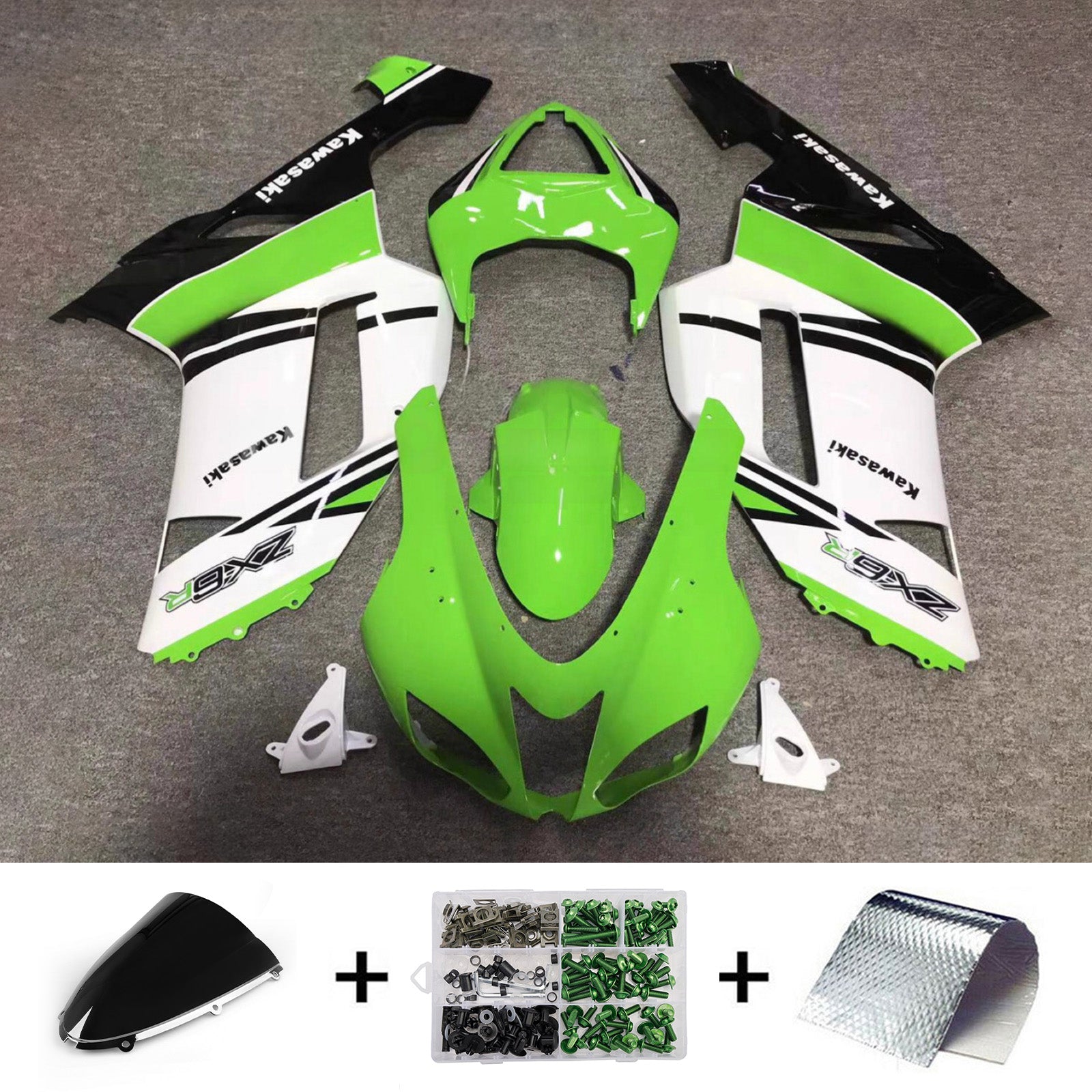 Amotopart 2007-2008 Kawasaki ZX6R 636 Green White Black Fairing Kit