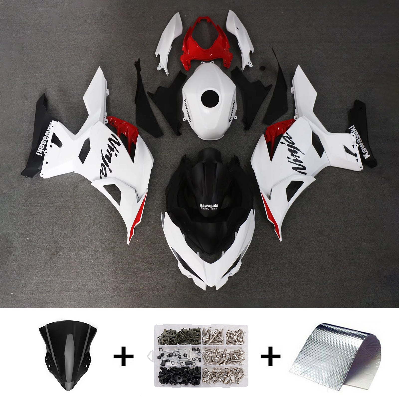 Amotopart 2018-2024 Kawasaki EX400/Ninja400 White Red Black Fairing Kit