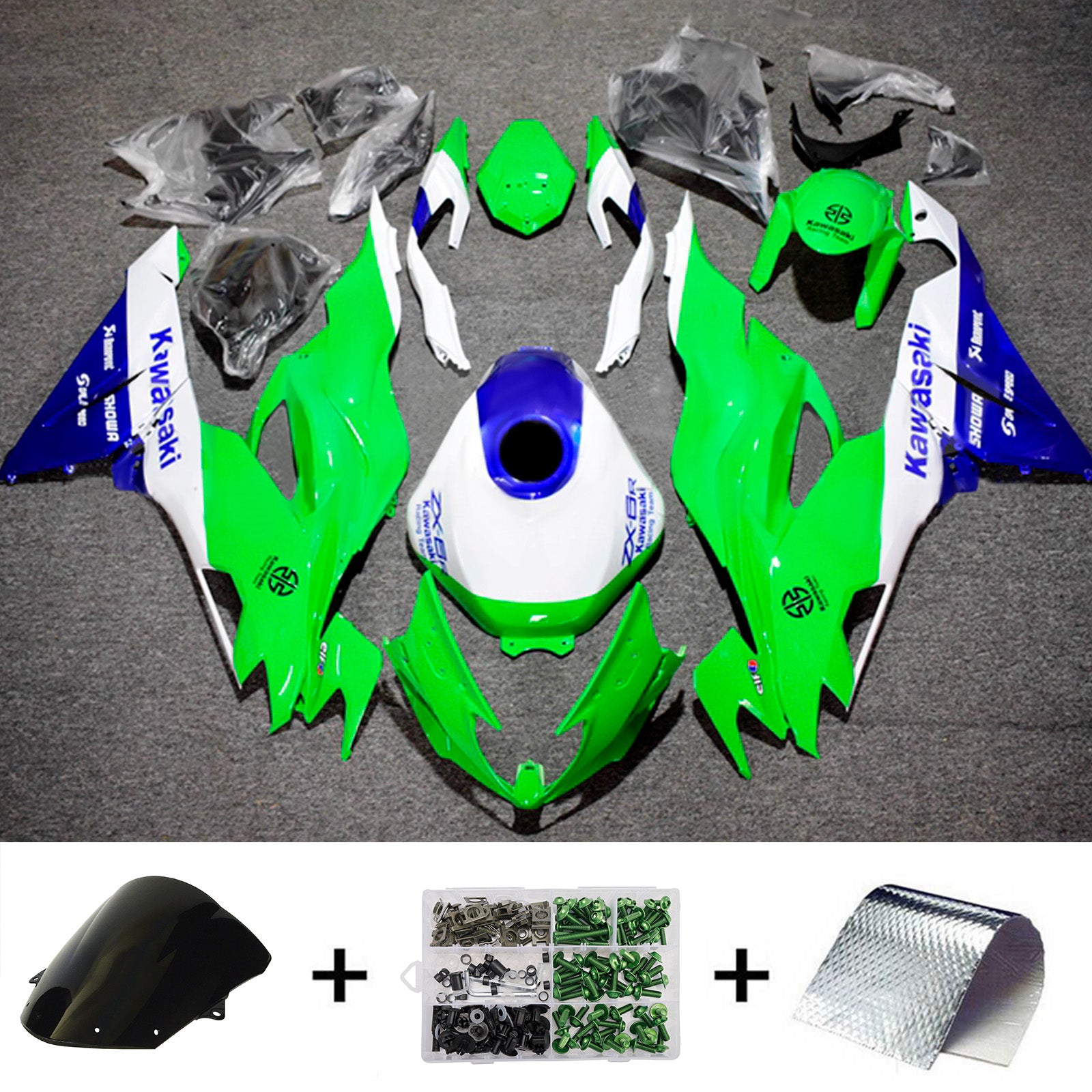 Amotopart 2019-2023 Kawasaki ZX6R Green White Blue Fairing Kit