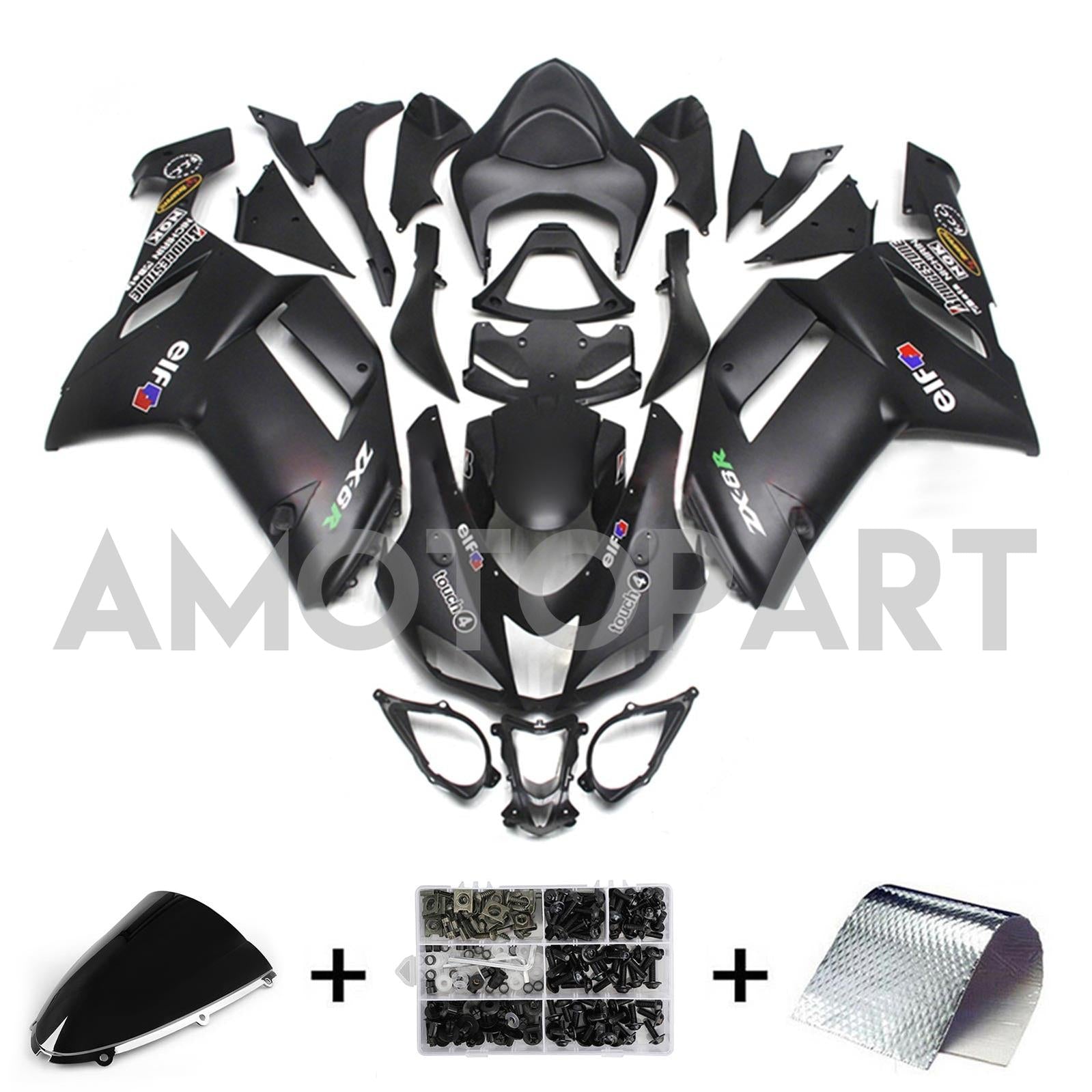 Amotopart 2007-2008 Kawasaki ZX6R 636 Mattes Black Fearing Kit