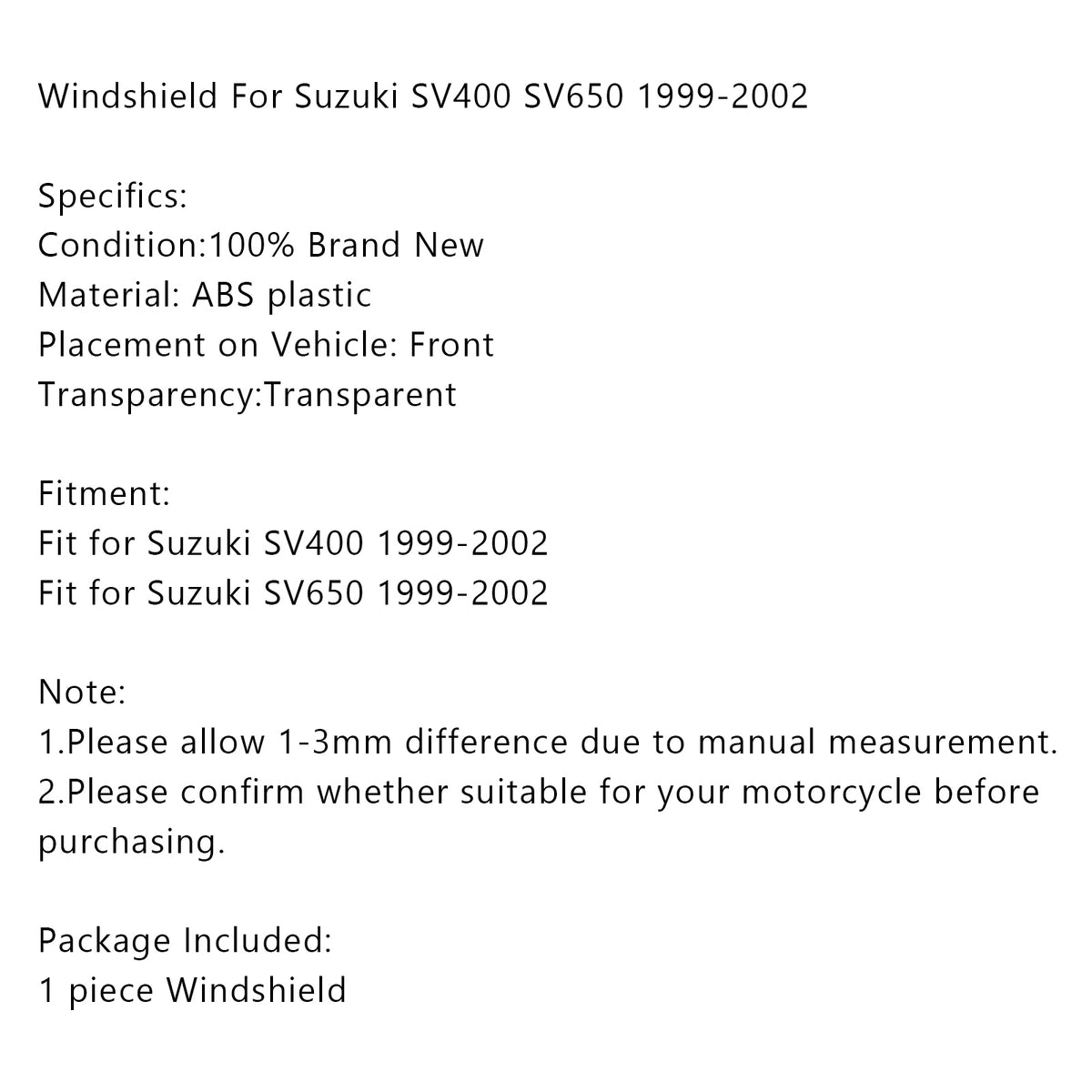 1999-2002 Suzuki SV400 SV650 ABS Forrude Forrude Vindskærm