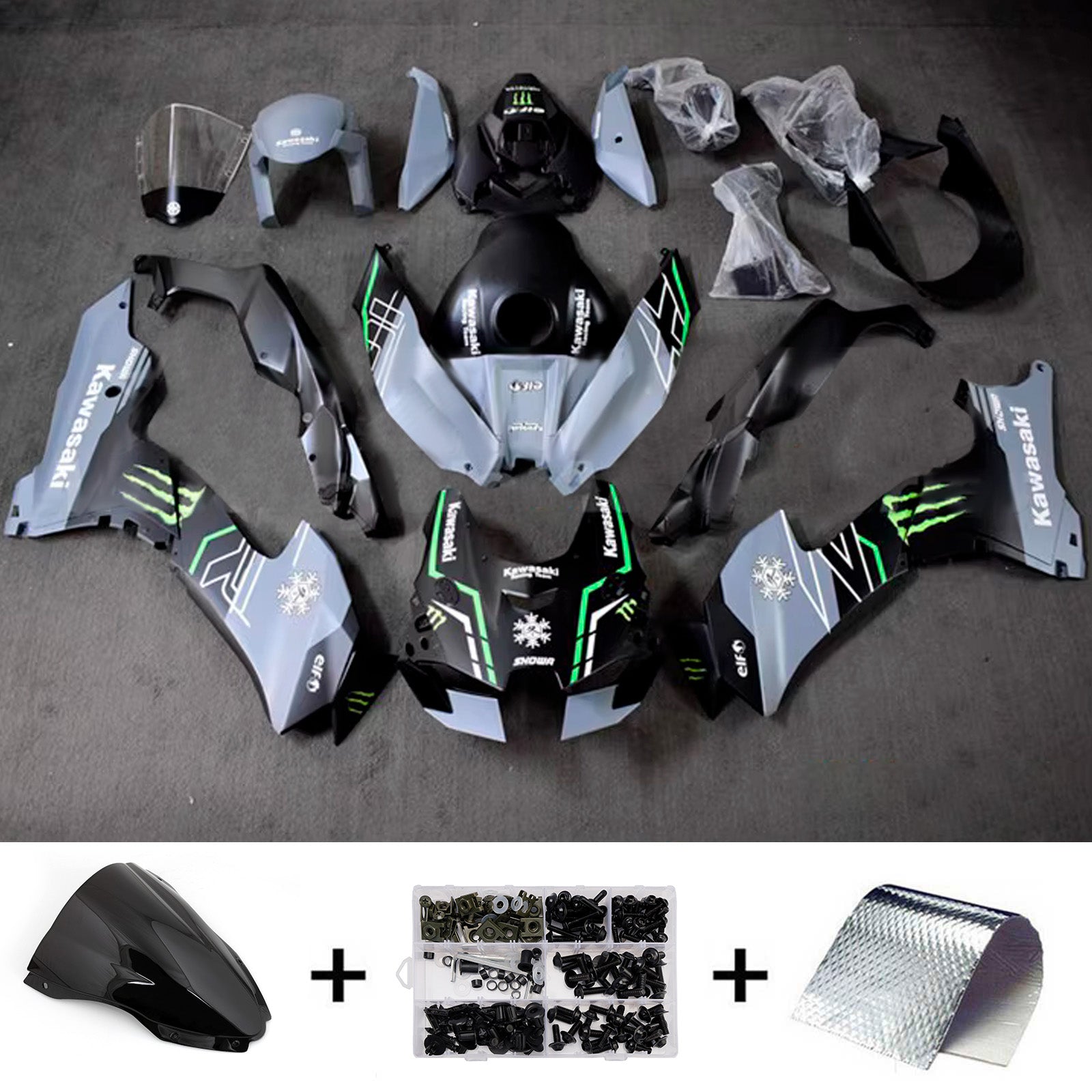 Amotopart 2021-2025 Kawasaki ZX-10R/ZX-10RR Black Green Grey Fairing Kit