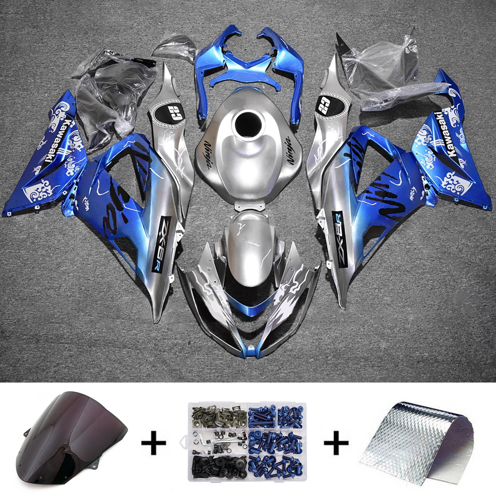 Amotopart 2013-2018 Kawasaki ZX6R 636 Blue Silver Black Fairing Kit