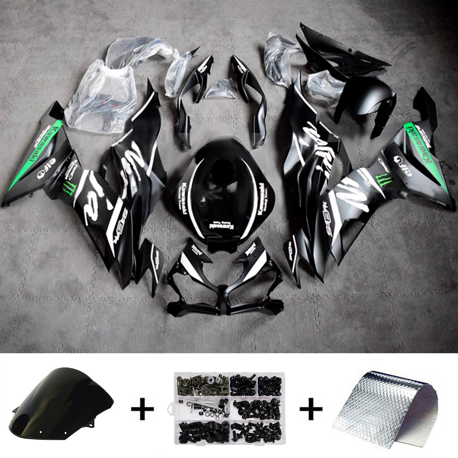 Amotopart 2019-2023 Kawasaki ZX6R Black White Green Fairing Kit