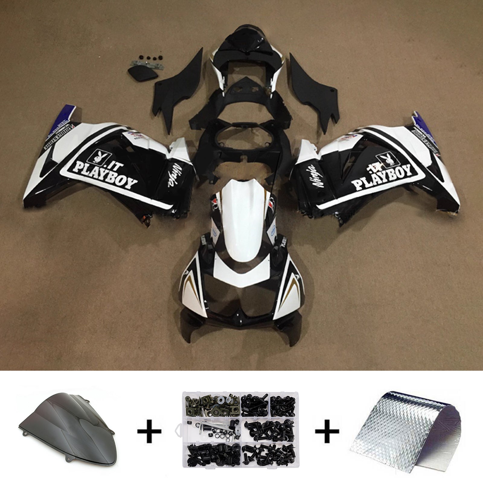 Amotopart 2008-2012 Kawasaki EX250/Ninja250R Black White Blue Fairing Kit